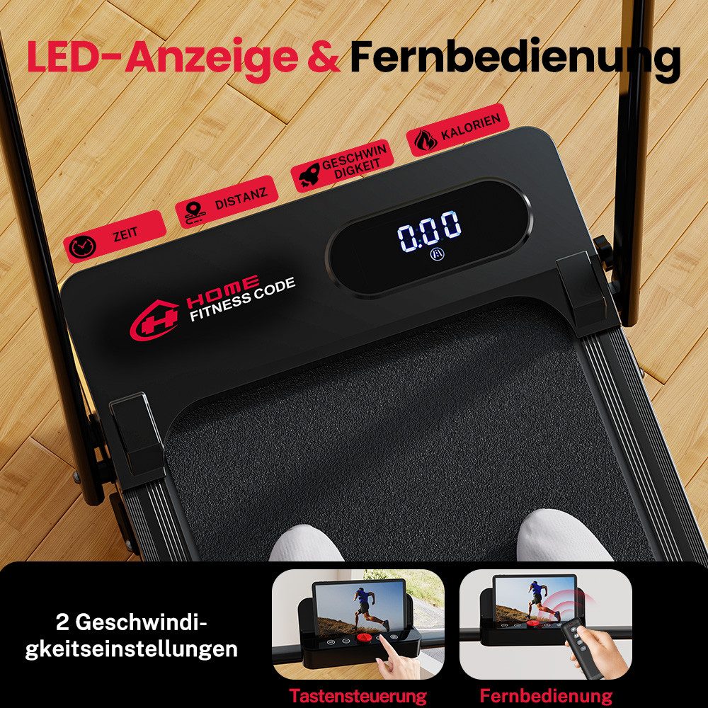HOMEFITNESSCODE Laufband 3-in-1 Klappbares Laufbänder mit 5 % Steigung (Fernbedienung – LED-Display – 120 kg Tragkraft), elektrisches Laufband mit Armlehnen – 1–6 km/h – 2,5-PS-Motor