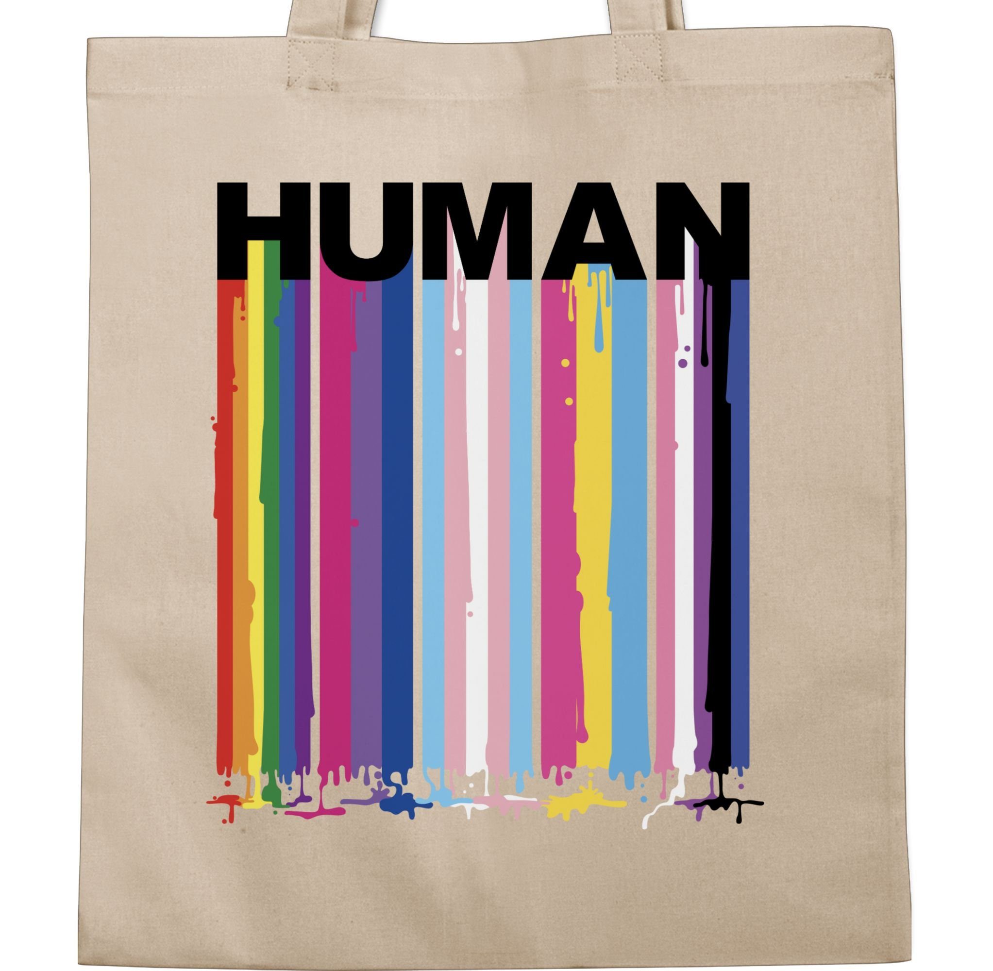 Shirtracer Umhängetasche HUMAN Blockschrift Regenbogen Tropfen, LGBT Farben Naturweiß 1 Kleidung