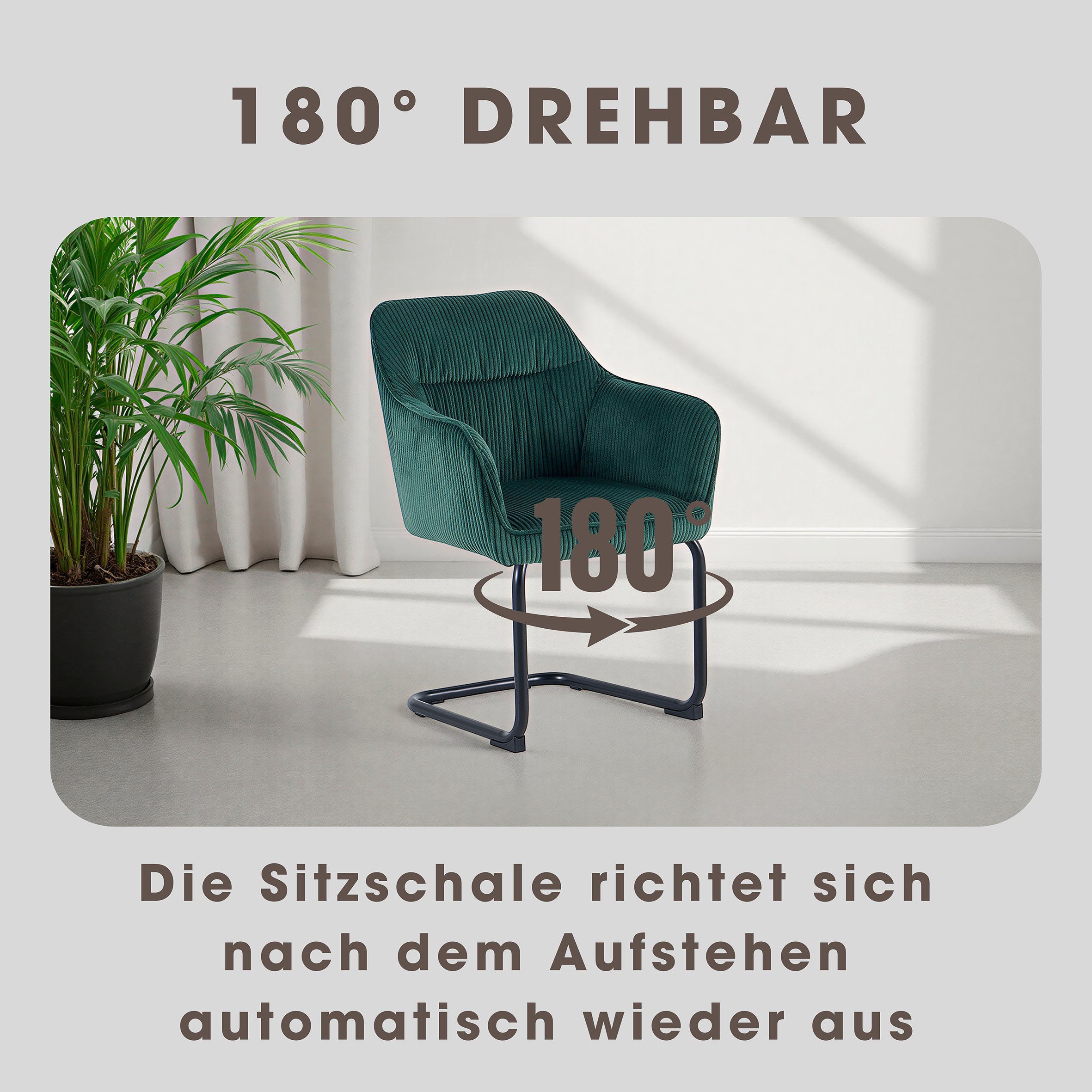 byLIVING Freischwinger ELBA (Set, 2 St), Grob-Cord, 110 kg, 180° drehbar Rückholfunktion, Schwingstuhlgestell