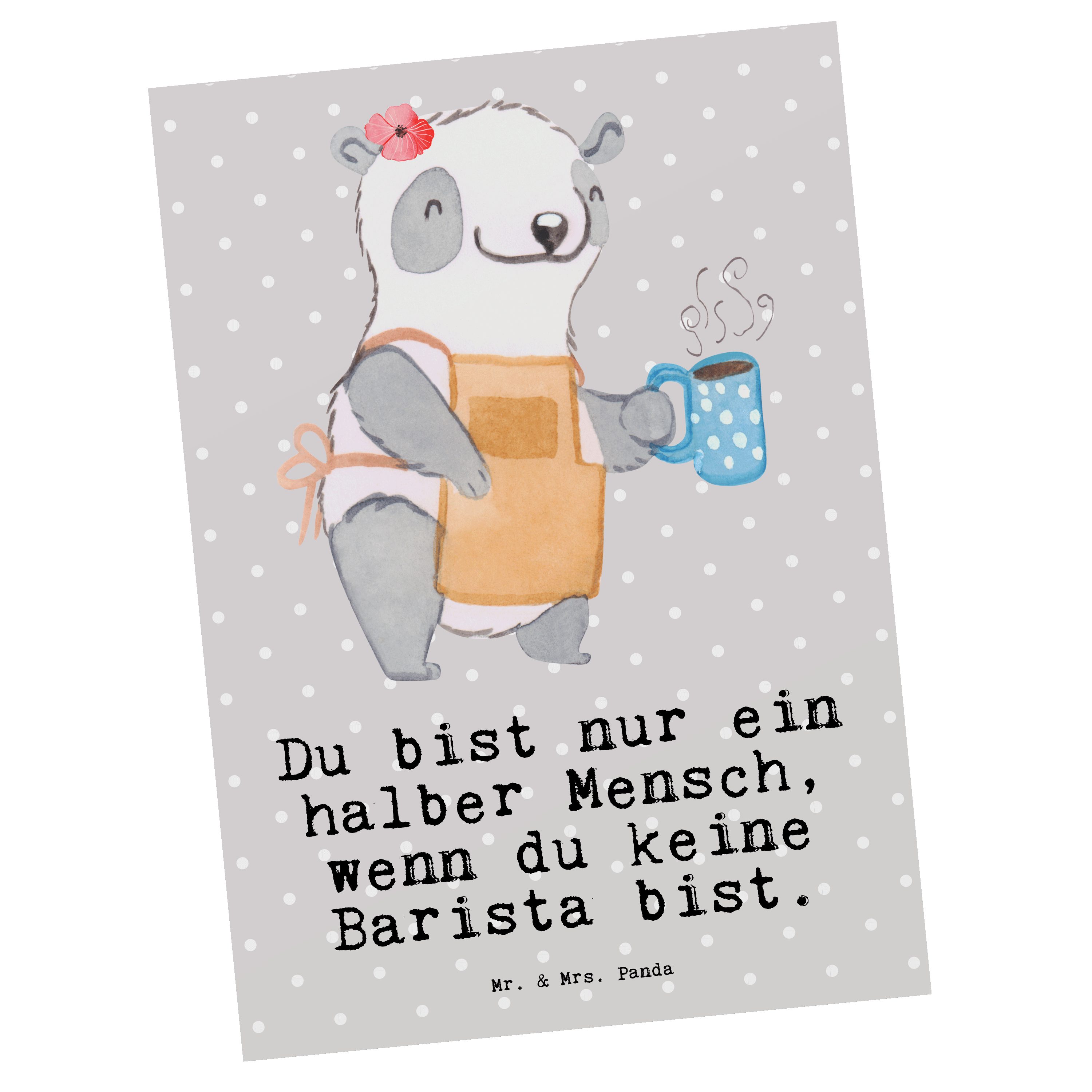 Mr. & Mrs. Panda Postkarte Barista mit Herz - Grau Pastell - Geschenk, Kaffeeliebe, Mitarbeiter