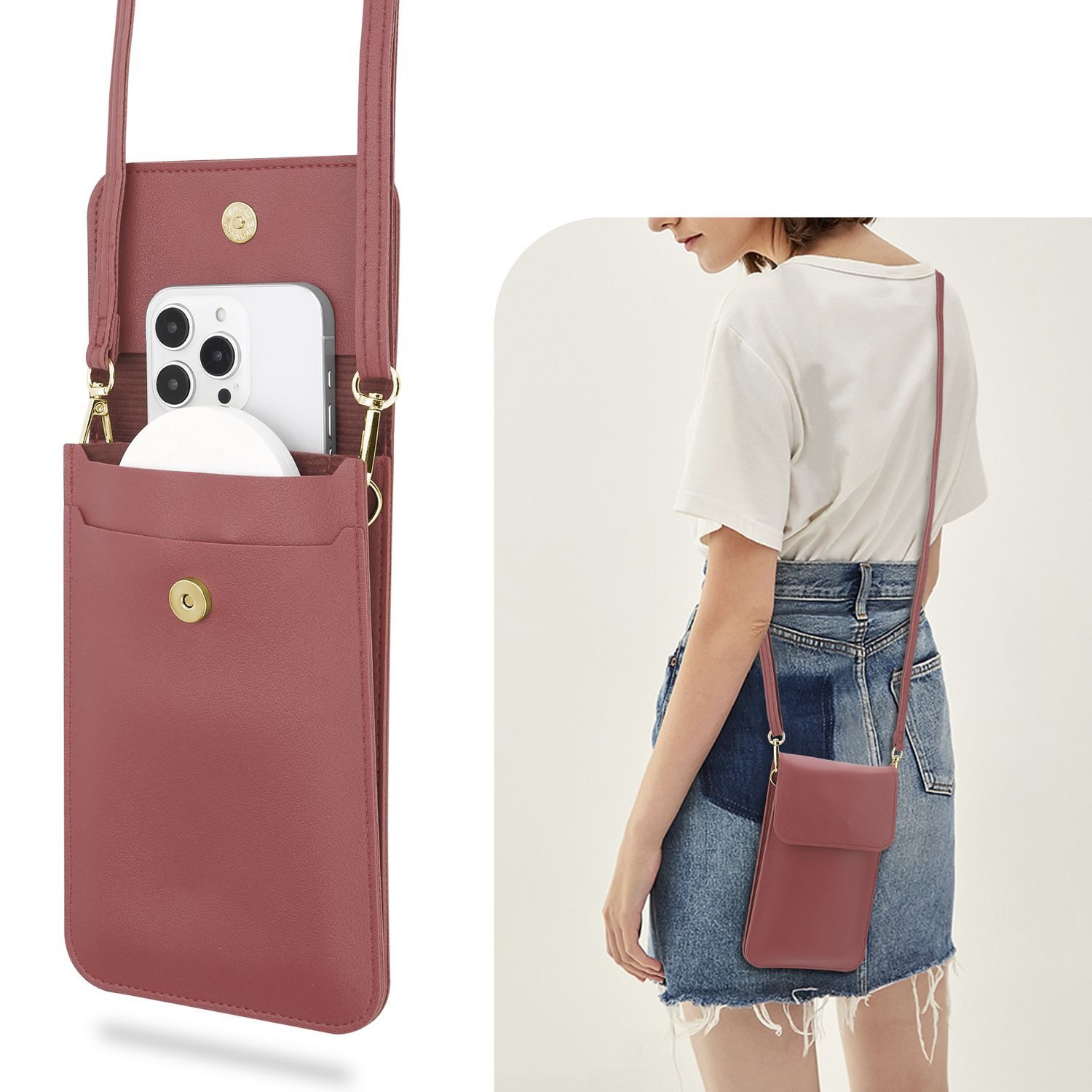 Cadorabo Handytasche für iPhone 13 (1-tlg), Hülle Handytasche zum Umhängen Damen Handtasche Handyfach PU Leder – Bild 5 von 5