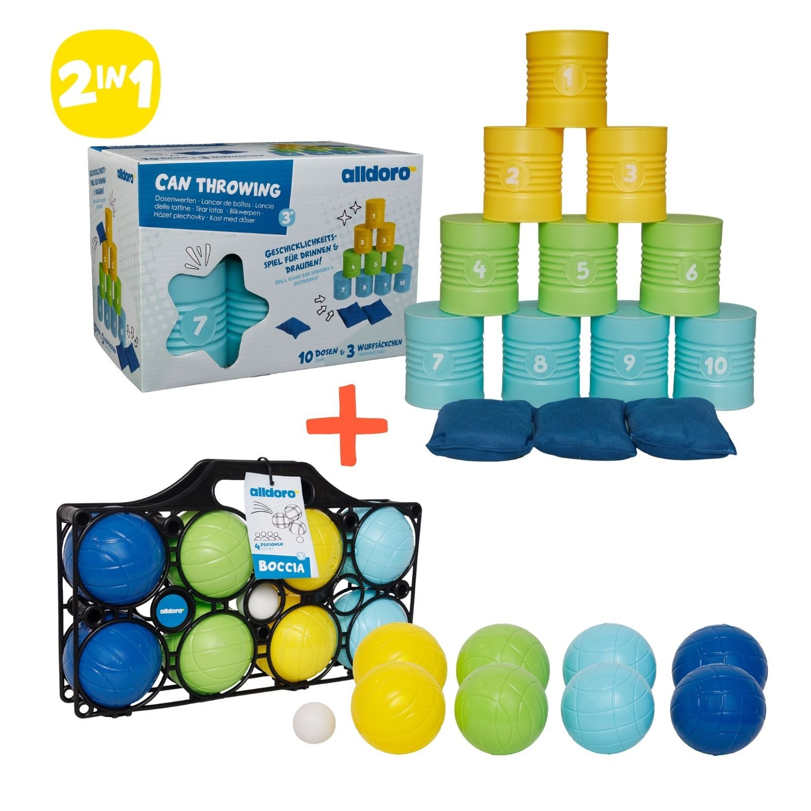 alldoro Spiel Wurfspiel-Set: Boccia & Dosenwerfen, 2 Outdoorspiele für Kinder ab 3, Büchsenwerfen & Boules, 2 Spiele für Kindergeburtstag, Party & Familie