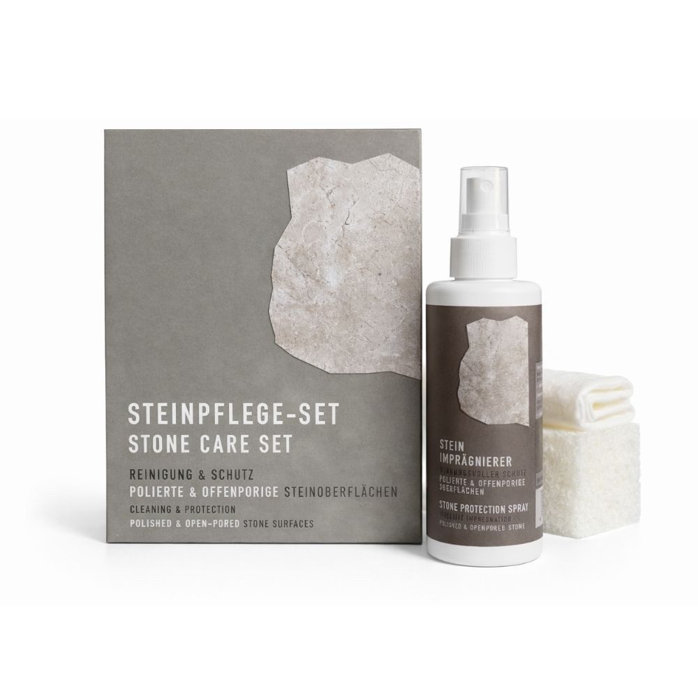 LCK Steinpflege-Set für polierte & offenporige Natursteinmöbel Möbelreiniger (5-tlg. Set, [- 1x 200ml Stein-Imprägnierung)