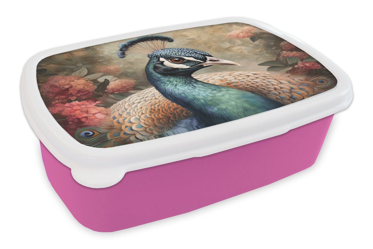 MuchoWow Lunchbox Pfau Snackbox, Pflanzen Erwachsene, Brotdose Pfauenfedern, Vogel für Kinder, - (2-tlg), Kunststoff - - Brotbox rosa Kunststoff, Mädchen