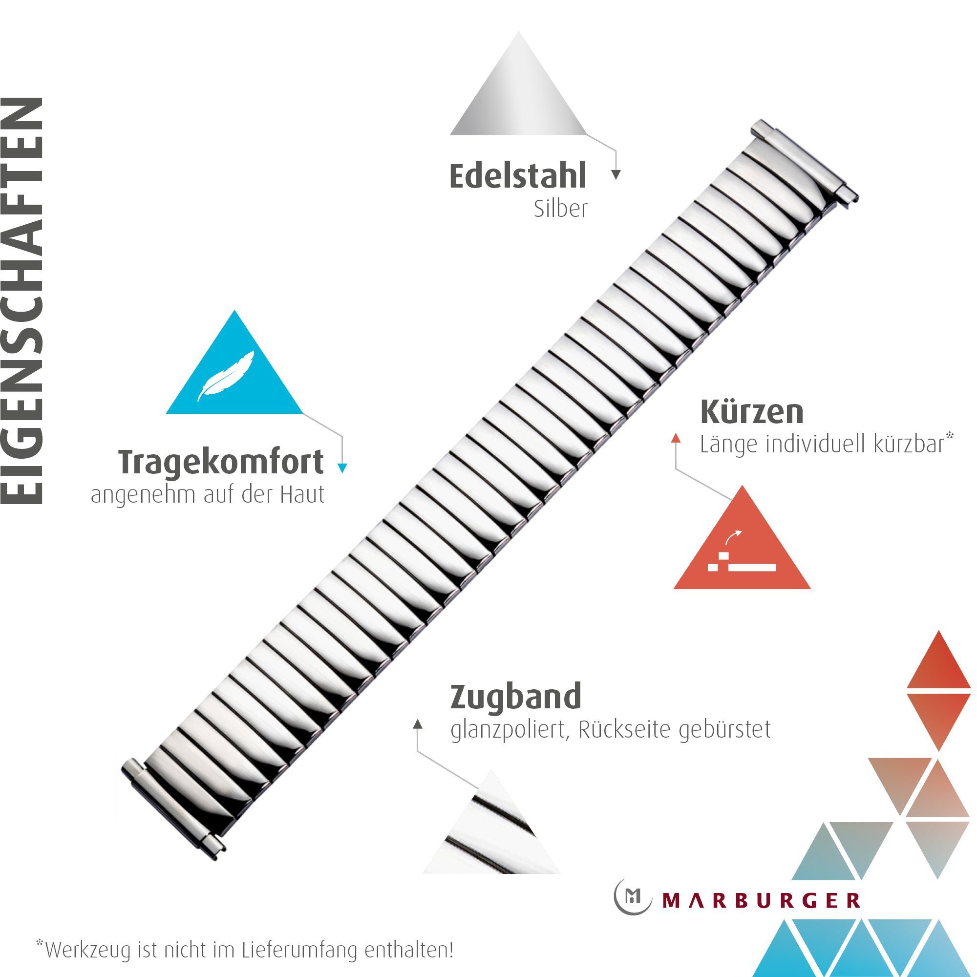 MARBURGER Uhrenarmband 16, 17, 18, 19, 20, 21, 22mm Edelstahl Silber Zugband