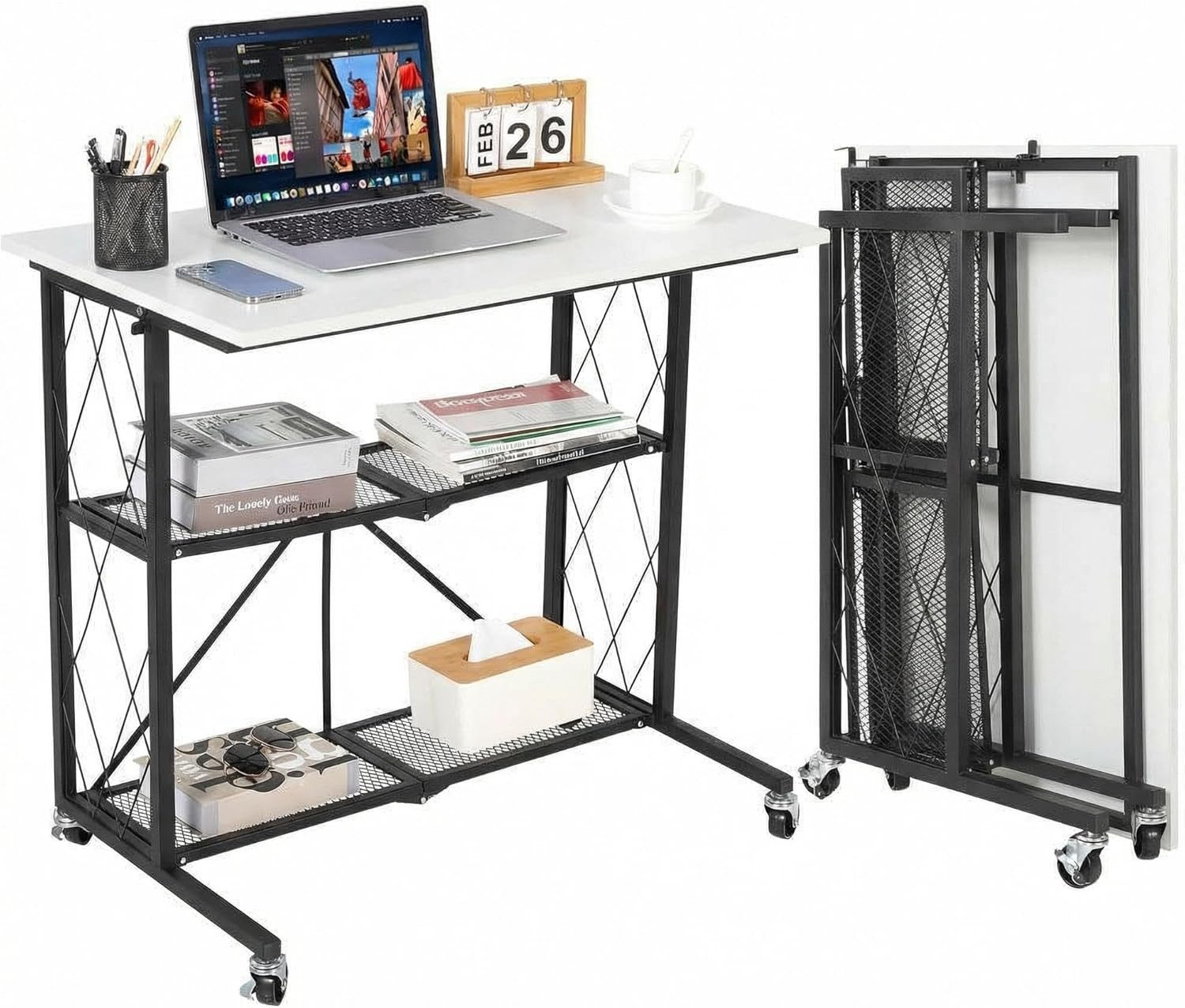 GarveeMore Schreibtisch mit Rollen,3-stufiges Metall-Holz-Regal,mobil & platzsparend, Klappbarer Computertisch mit Seitenaufbewahrung,80 x 50 x 75 cm