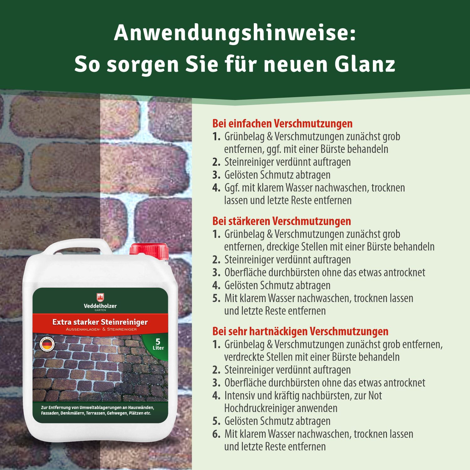 Veddelholzer Außenanlagenreiniger Steinreiniger 5 Liter Konzentrat Langzeitwirkung Naturstein-Reiniger (Qualität aus Germany, [- Grünbelagentferner Wege Pflastersteine Fugen ohne Glyphosat Unkrautvernichter)