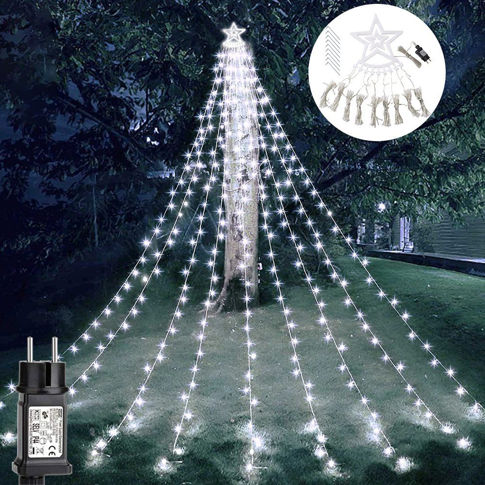 Sunicol LED-Baummantel 3.4M 350 LED Wasserfall Weihnachtsbaum Beleuchtung,Außen Party Garten, 8 Modi, 31V Energiesparen, wasserdicht Weiß -mit Stern
