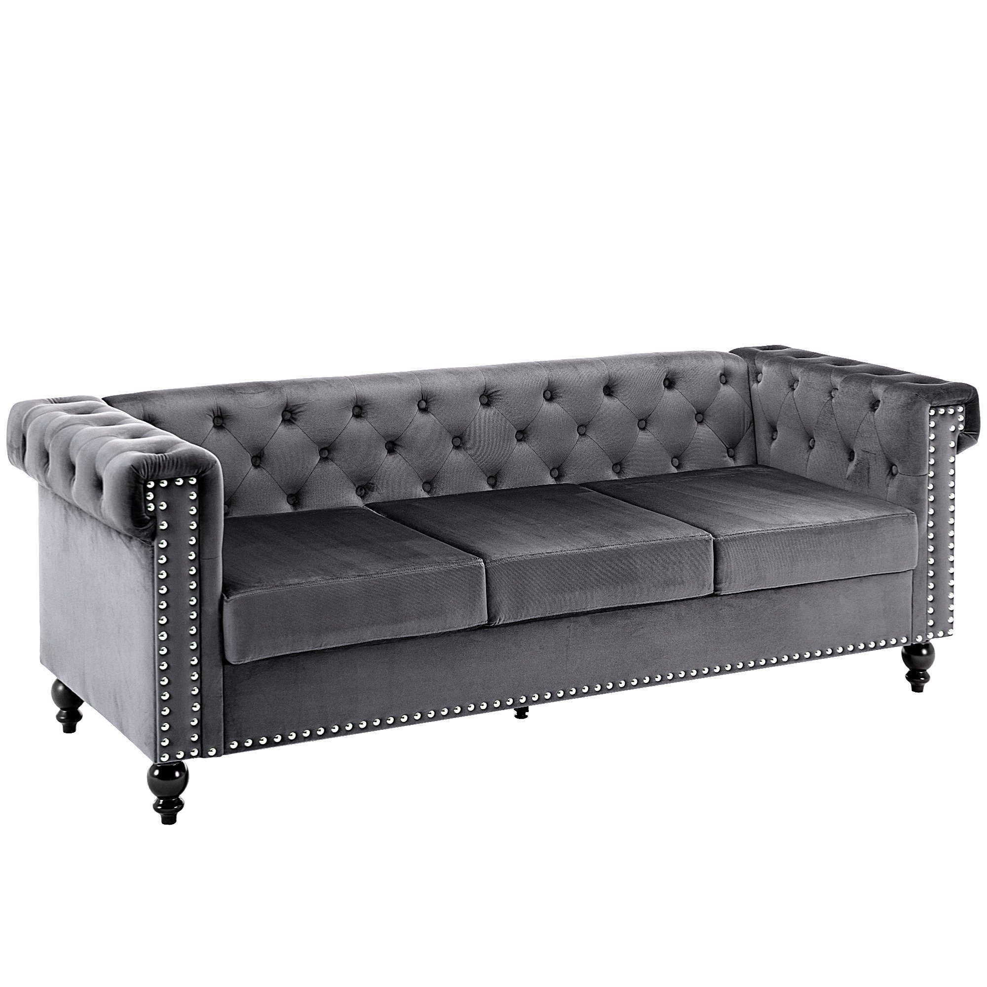 3-Sitzer, mit edler Knopfheftung und typischen Armlehnen, Sofa in Chesterfield-Optik, mit Federkern und Holzfüße, Bezug aus Samt