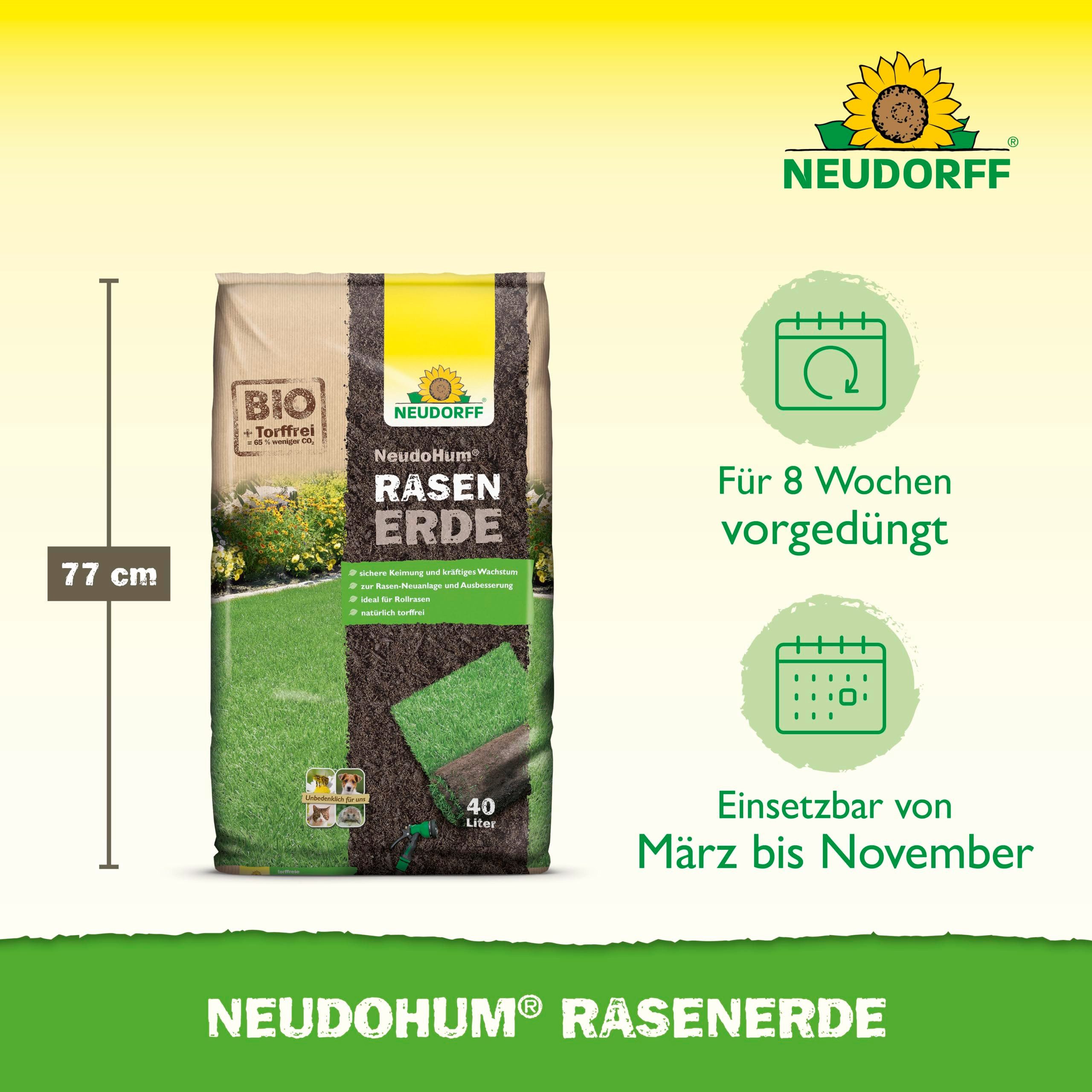 Neudorff Pflanzerde NeudoHum RasenErde 40 Liter, (Torffreie Bio-Erde für schnelle Rasen-Samenkeimung, Rasensubstrat für 8 Wochen vorgedüngt), ideal für Rollrasen & dichten, sattgrünen Rasen