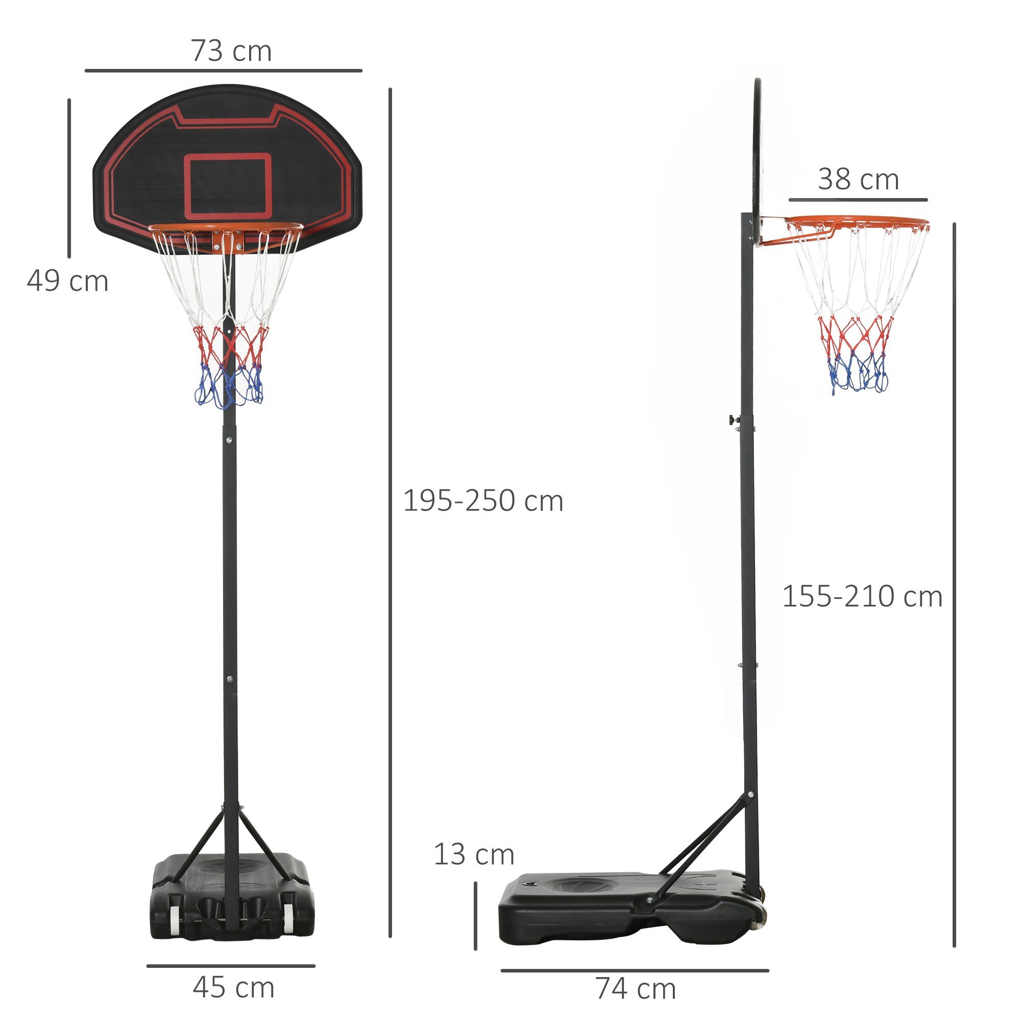 HOMCOM Basketballständer Basketballkorb, höhenverstellbar Stahl Kunststoff Schwarz (Set, 1-St., 1 x Basketball-Ständer), 73L x 49B x 195-250H cm