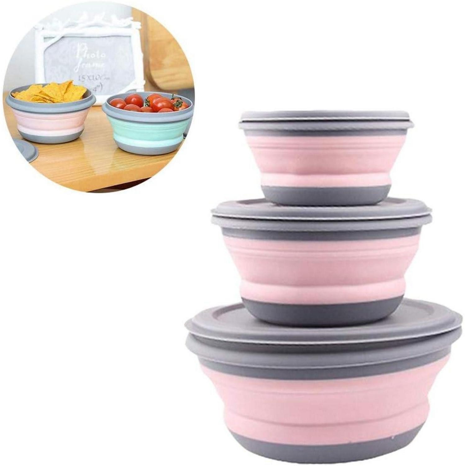 LuxusKollektion Salatschüssel Faltschüssel Deckel 3Pcs Camping Salatschüssel Pink