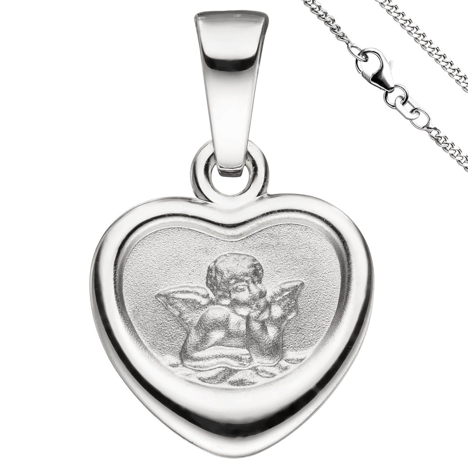 Schmuck Krone Panzerkette Anhänger mit Halskette Engel im Herz, 925 Silber, 42cm, Silber 925