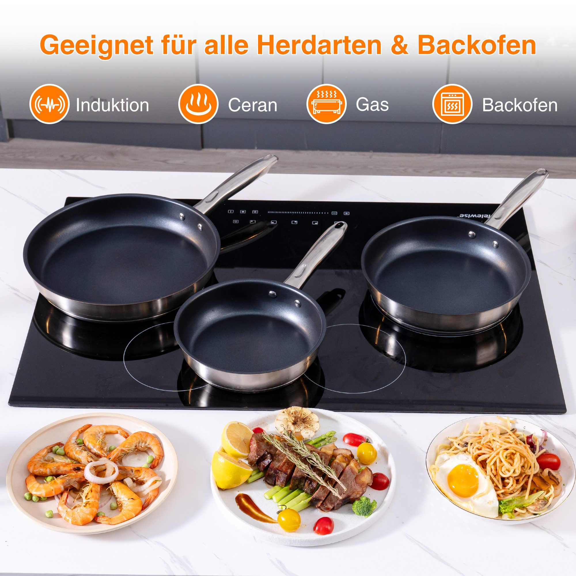 SUNCOK Pfannen-Set Induktion, Bratpfannenset, Edelstahl 18/10 (Set, 3-tlg., je 1x Pfanne 20 cm, 1,4 l; 24 cm, 2,2 l; 28 cm, 3,4 l), Induktionspfanne, Antihaftbeschichtung, Leichte Reinigung