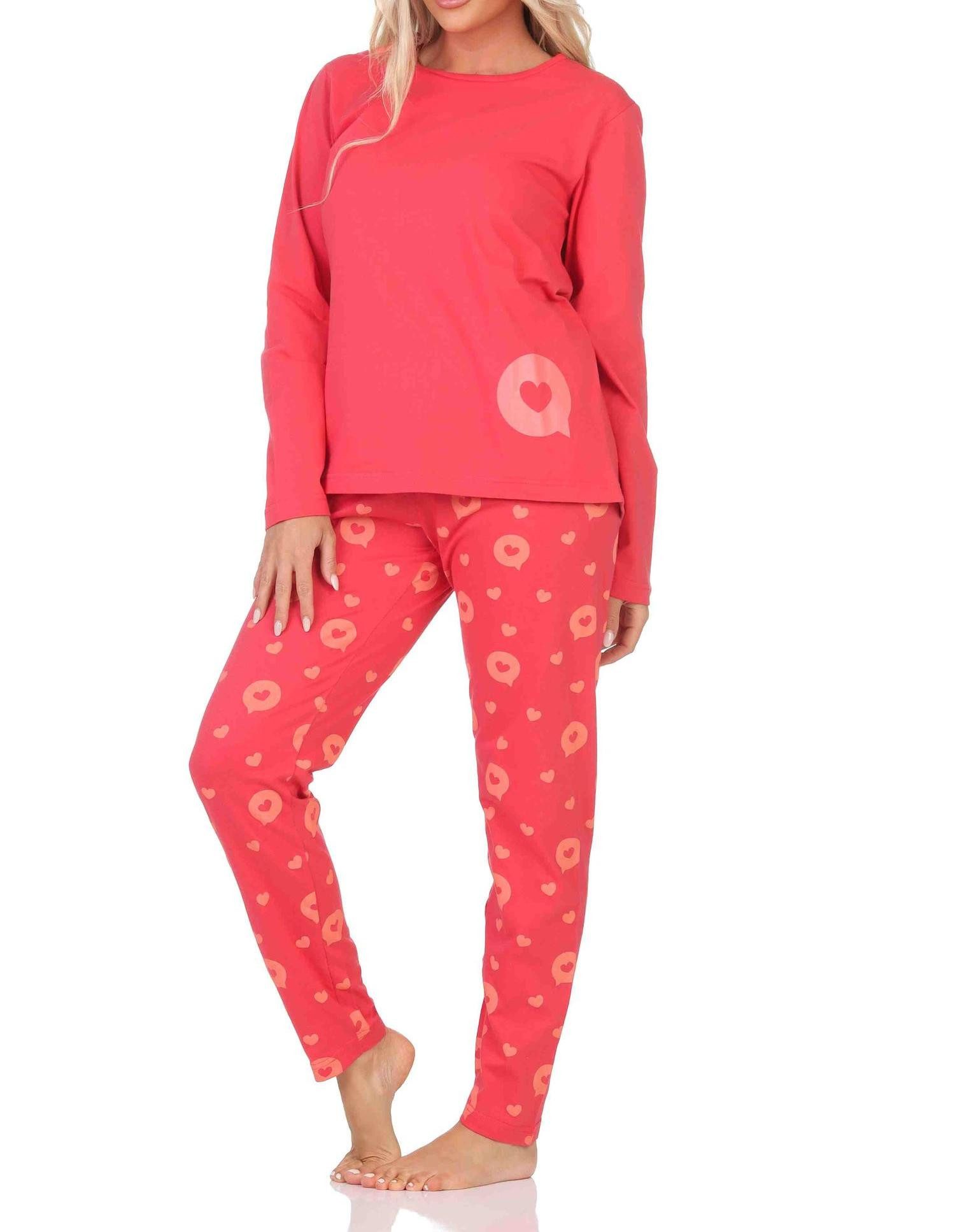 Normann Pyjama Normann Damen Schlafanzug langarm Pyjama in Herz Tupfen Punkte Optik