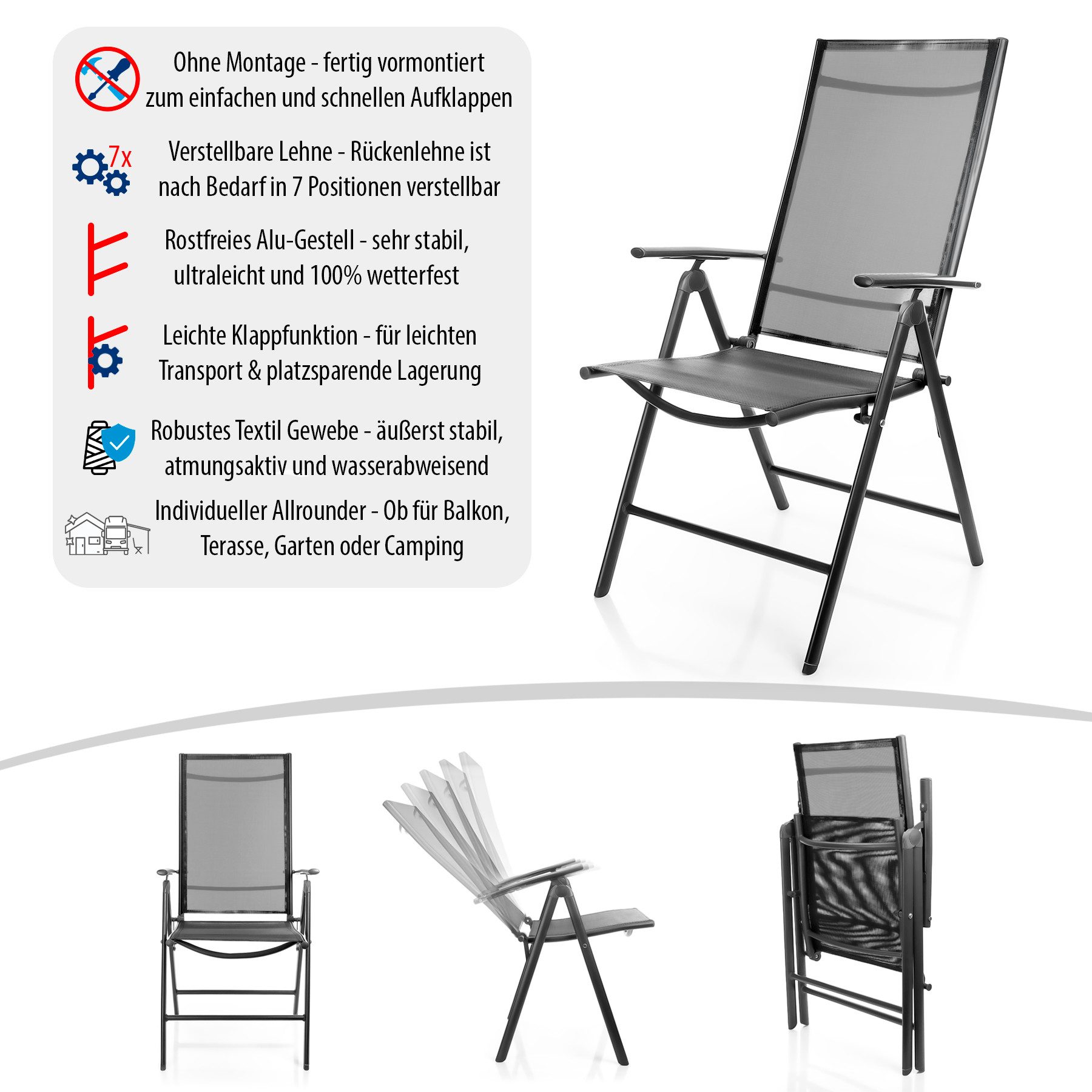 BigDean Gartenstuhl 2 Stück Balkonstühle dunkelgrau 120 kg belastbar 7-fach Verstellbar (Set, 2 St), Ergonomisches Design, Robustes Material, Atmungsaktives Gew – Bild 2 von 5