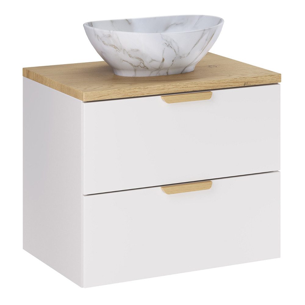 Lomadox Waschtisch ALASSIO-56, 60 cm breit in Weiß matt mit Eiche, 2 Schubladen, inkl. Waschbecken