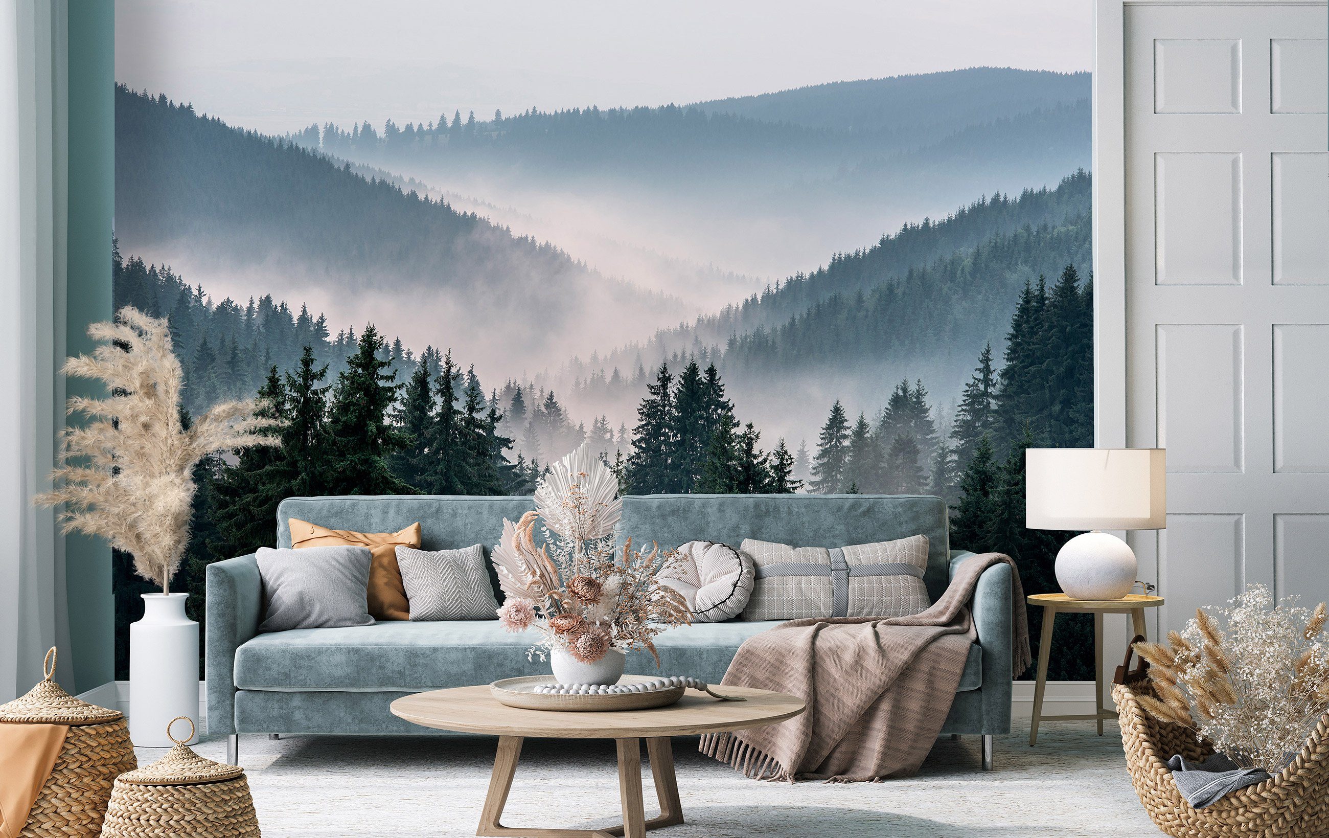 Wallarena Fototapete Wald Berge Nebel Glatt, inklusive im Kleister Vlies Wohnzimmer Tapete Vliestapete Schlafzimmer, Natur, EFFEKT 3D