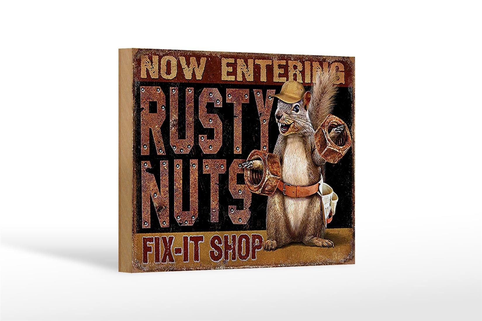Femer GmbH Holzbild Spruch 18x12 cm Fix-it Shop rusty nuts Garage, Auto Motorrad Werkstatt Garage, Sprüche Zitate Lustiges (1 St), Glatte Holzfaserplatte (MDF), vorn beschichtet