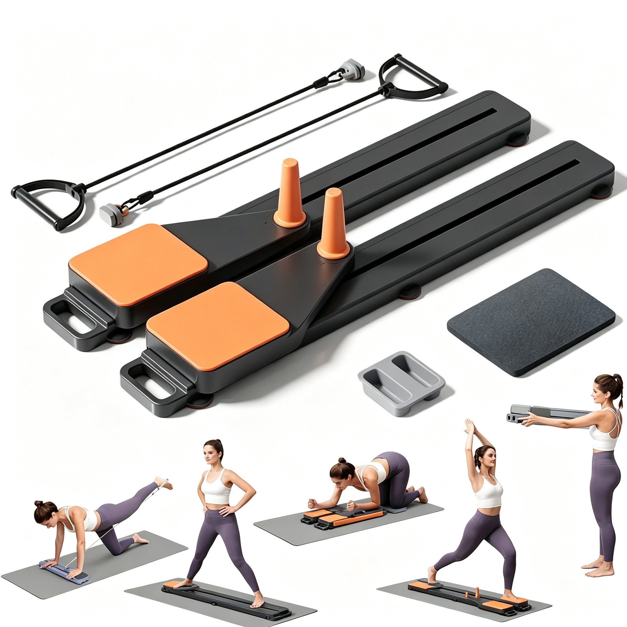 BAYMATE Pilates-Reformer Verbessertes 8-in-1-Fitnessboard & Pilates-Geräteset, (Widerstandsbänder, Balance Board für Ganzkörpertraining), mit Ab Workout Ausrüstung, Multifunktionales Liegestützbrett
