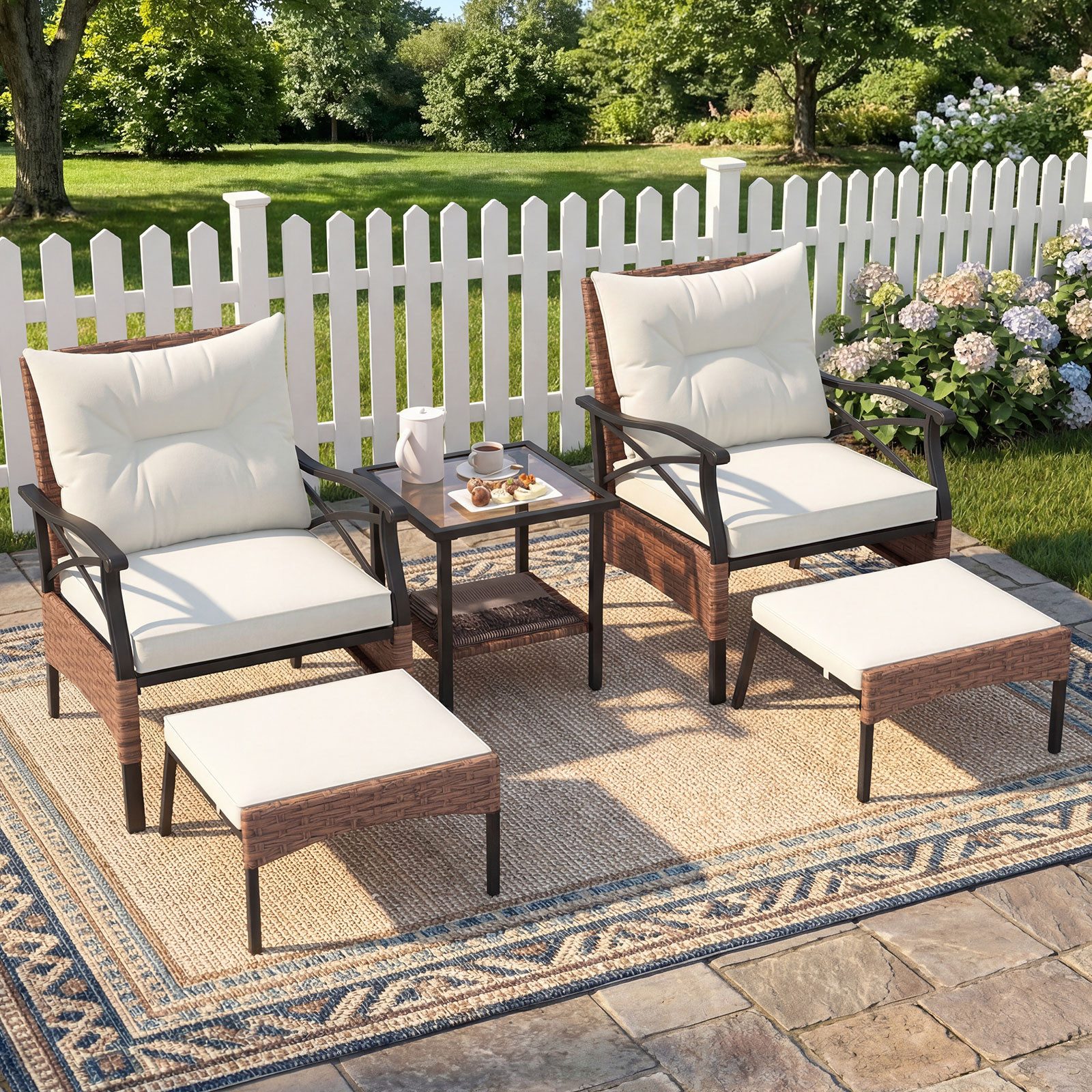 COSTWAY Gartenlounge-Set, (5-tlg), Balkonset mit Beistelltisch, Ottomanen, Kissen