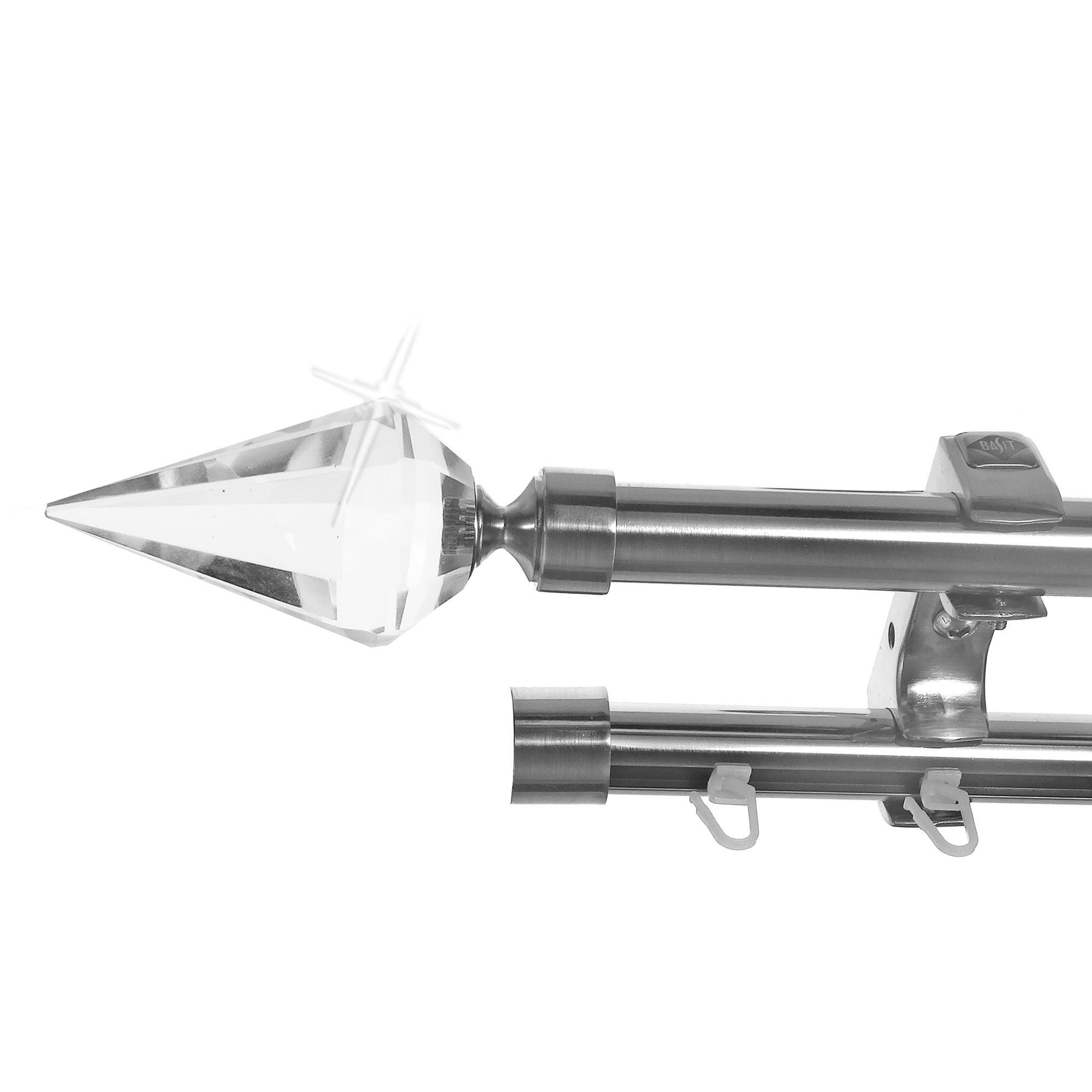 BASIT Gardinenstange Rohr und Innenlauf Edelstahloptik 20mm mit Deckenträgern 120 cm E37, Ø 20 mm, 2-läufig, verschraubt, Metall, D60RI 120 cm E37 Spitze Kristall