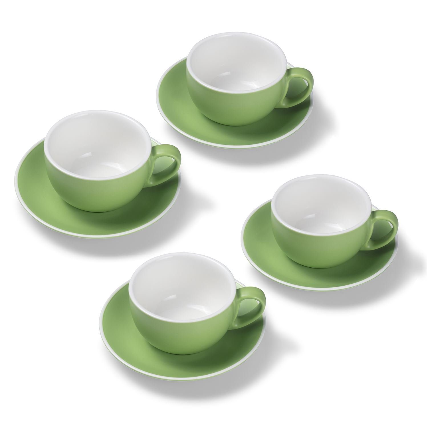 Terra Home Tasse 4er Milchkaffeetassen-Set, Grün matt 350 ml mit Untertasse, Porzellan, spülmaschinenfest,extra dickwandig