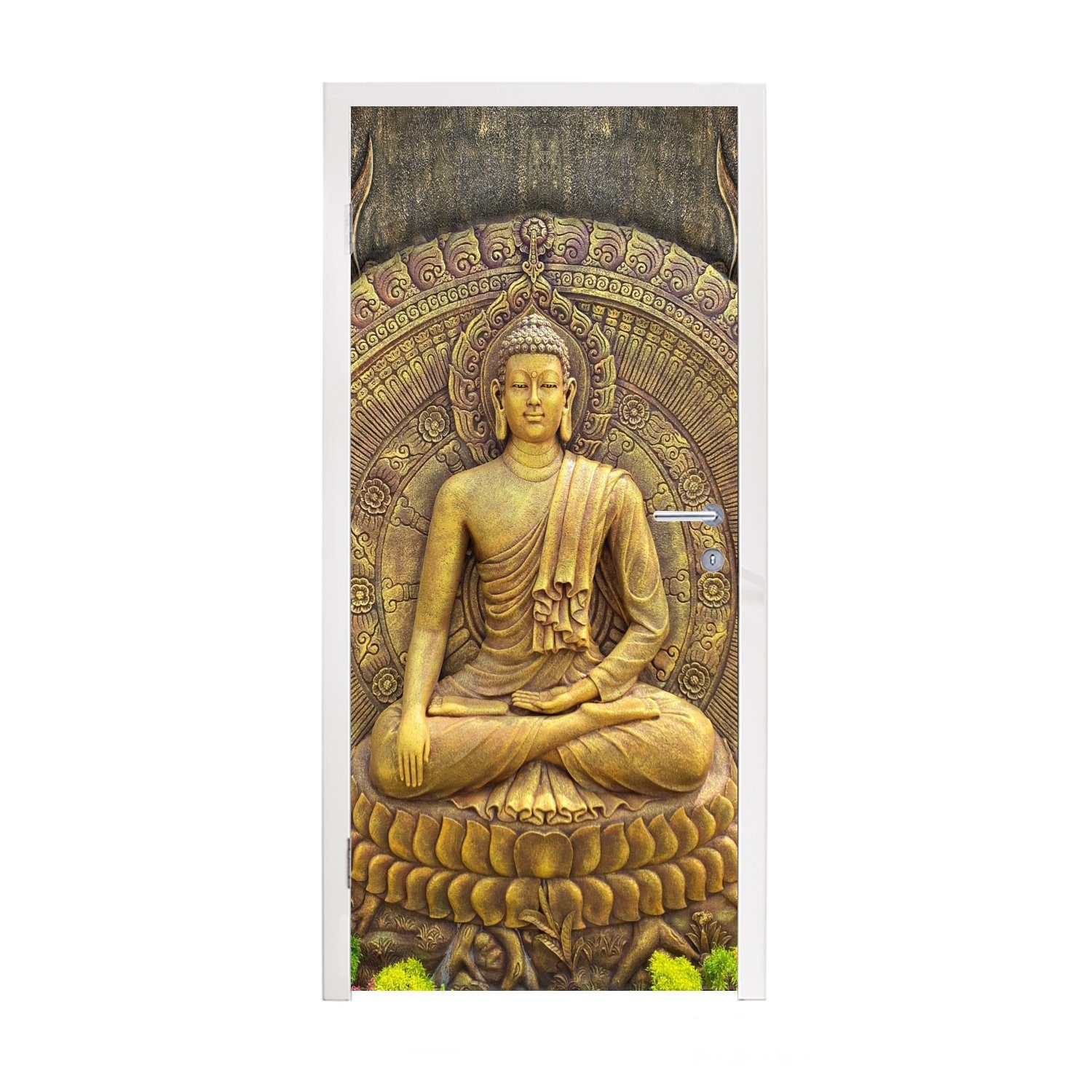 (1 bedruckt, Türtapete Tür, 75x205 für Buddha-Statue Fototapete Türaufkleber, St), - cm Spirituell - Matt, MuchoWow - Meditation, Gold