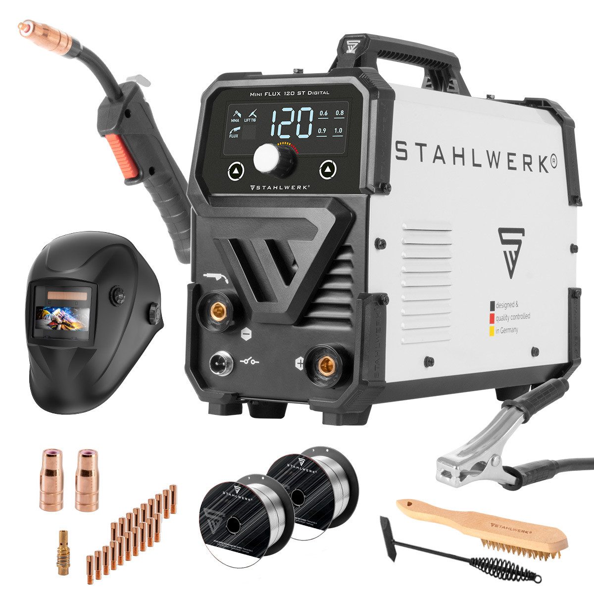 STAHLWERK Fülldrahtschweißgerät Schweißgerät Mini FLUX 120 ST Digital mit 120 A Vollausstattung, 20 - 120 A, Packung, 1-tlg., Vollausstattung, mit synergischem Drahtvorschub