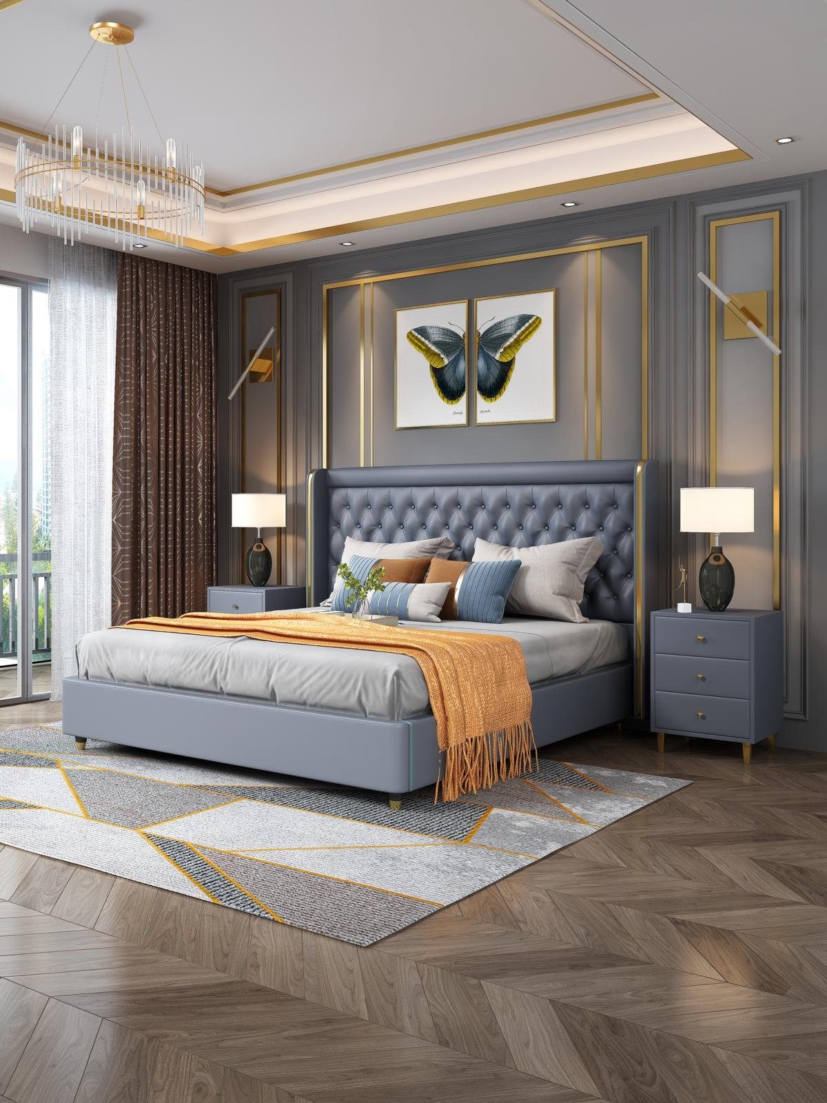 JVmoebel Bett, Klassisches Bett Doppelbett Betten Holz Landhaus Stil Echtes Blau