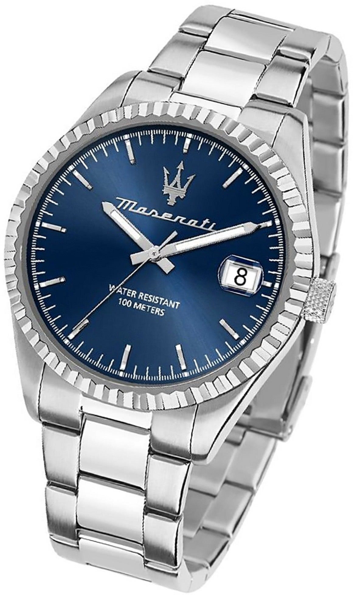 (ca. rundes Armband-Uhr, blau Quarzuhr groß MASERATI Edelstahlarmband, Herrenuhr Maserati 43mm) Edelstahl Gehäuse,