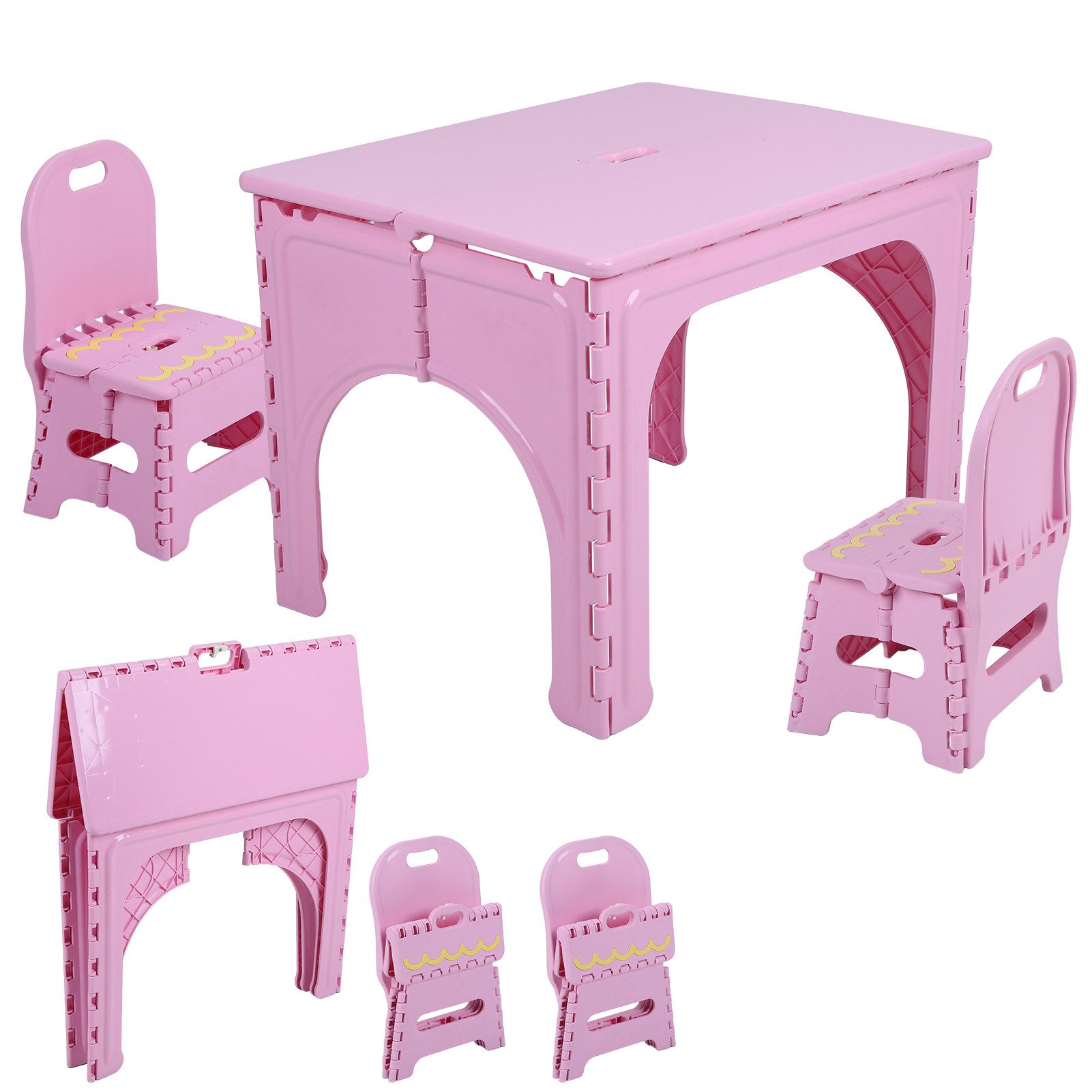 Rutaqian Kindertisch Kinder Sitzgruppe klappbar 2 Stühle Maltisch Lern Spieltisch (1 Kindertisch, 2 Stühle), Kinder-Falttisch 64×50×48 cm aus PP, zum Malen & Lernen, klappbar