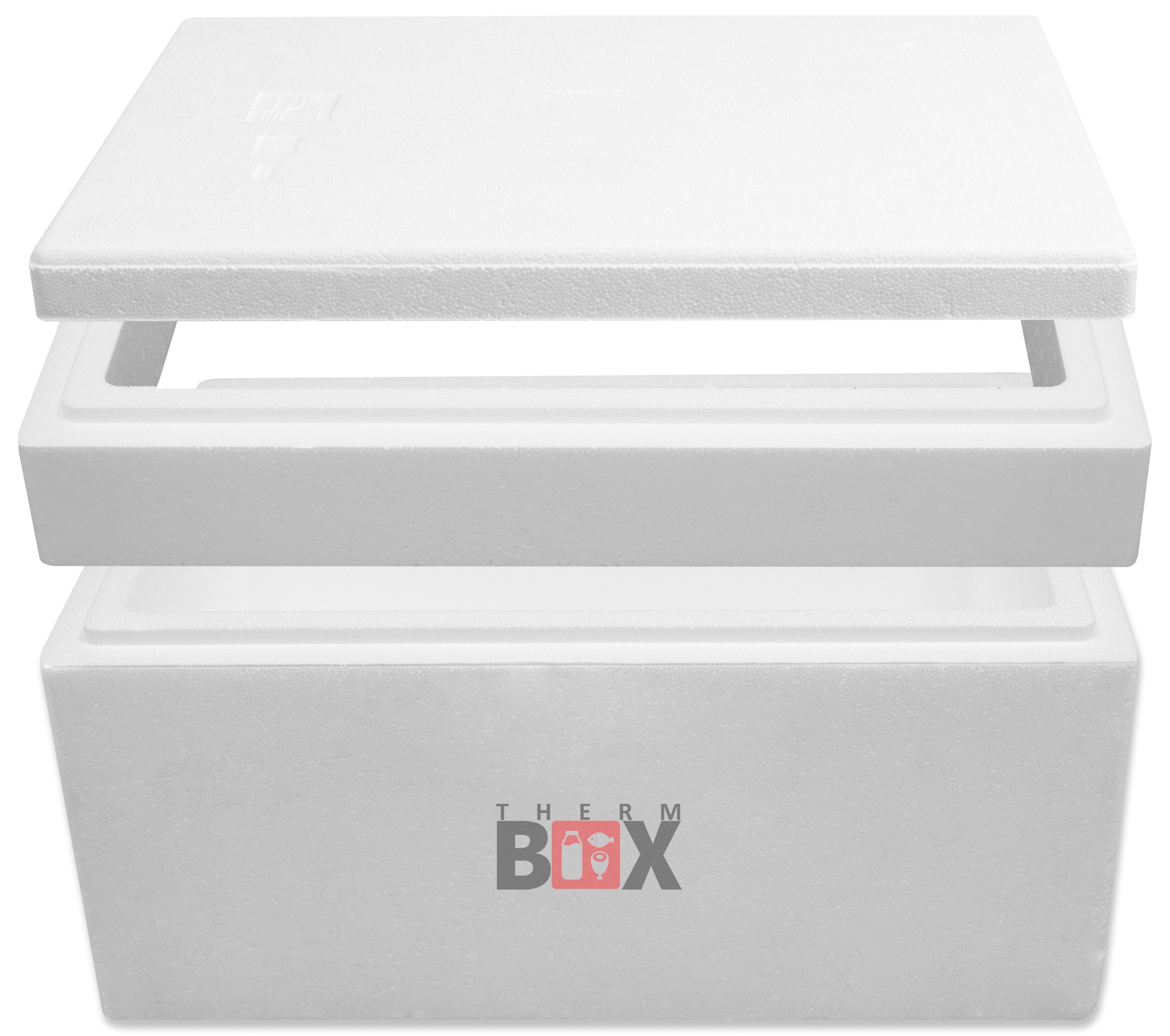 THERM-BOX Thermobehälter Modularbox 43M Wand: 4,0 cm 43L Innenmaß:49x30x28cm Wiederverwendbar, Styropor-Verdichtet, (0-tlg., Box mit Zusatzring & Deckel im Karton), Erweiterbar Isolierbox Thermobox Kühlbox Warmhaltebox