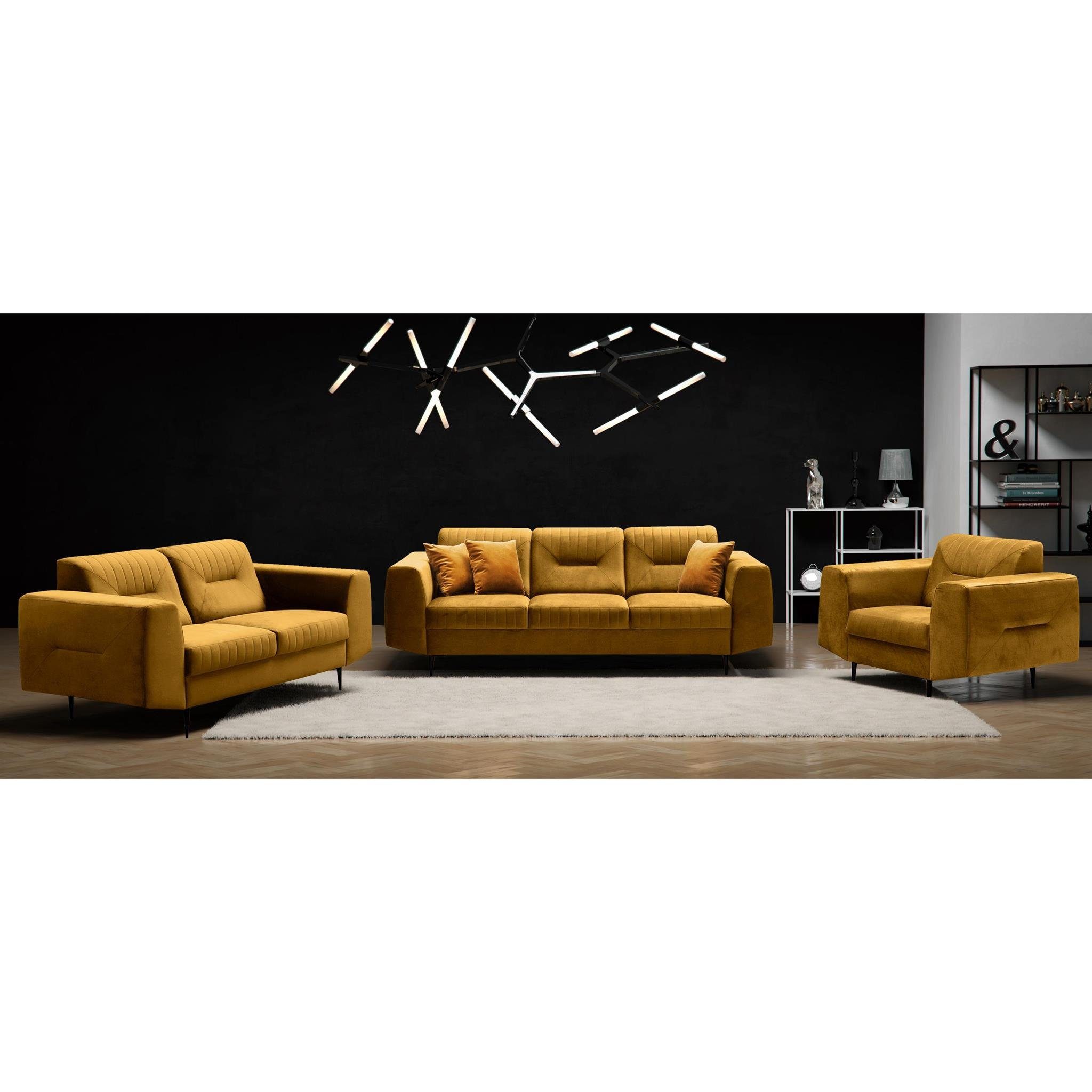 Sofa modernes + Metallbeine, Velours Design), 3-Sitzer (Sessel (bluvel Couchgarnituren mit + Sofa 2-Sitzer Polstergarnitur im 68) Beautysofa aus VENEZIA, Gelb