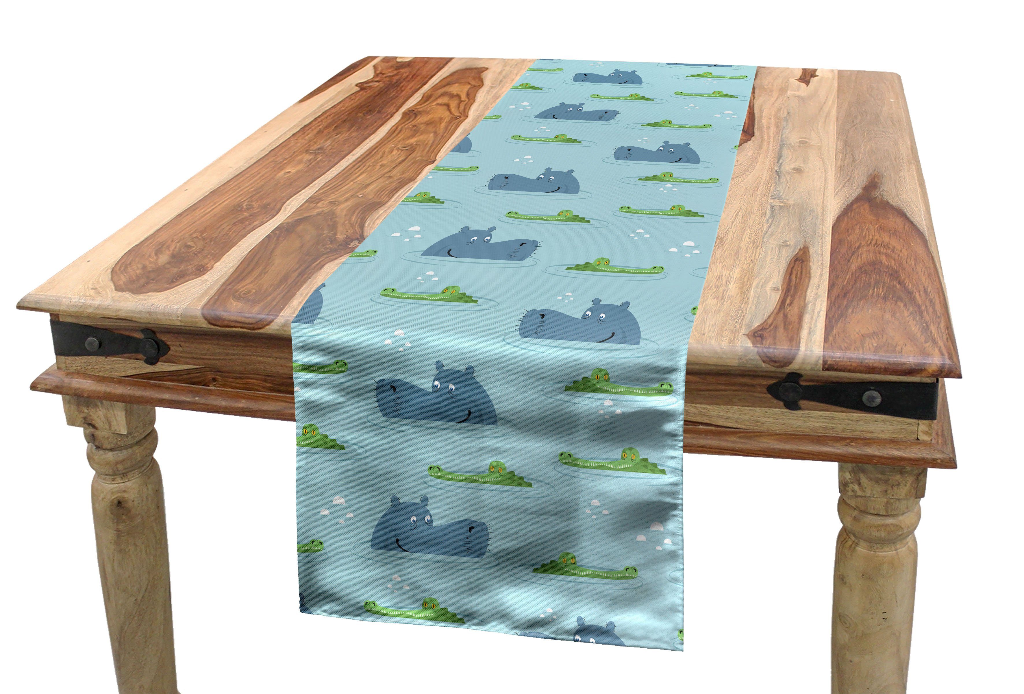 Abakuhaus Tischläufer Esszimmer Küche Rechteckiger Dekorativer Tischläufer, Tier Hippo Krokodil im Wasser