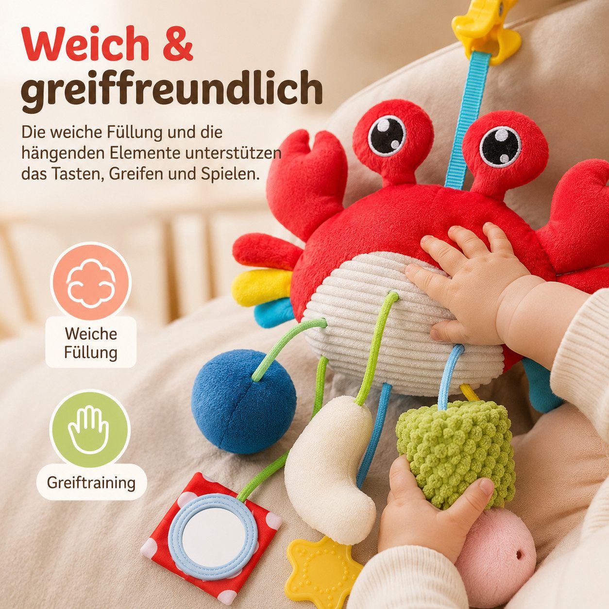 Luckice Mobile Krabben-Babyspielzeug zum Aufhängen, (Kinderwagen-Anhänger mit Clip, Rassel, Spiegel, Beißring und Knisterelementen, ca. 45 cm, Rot)