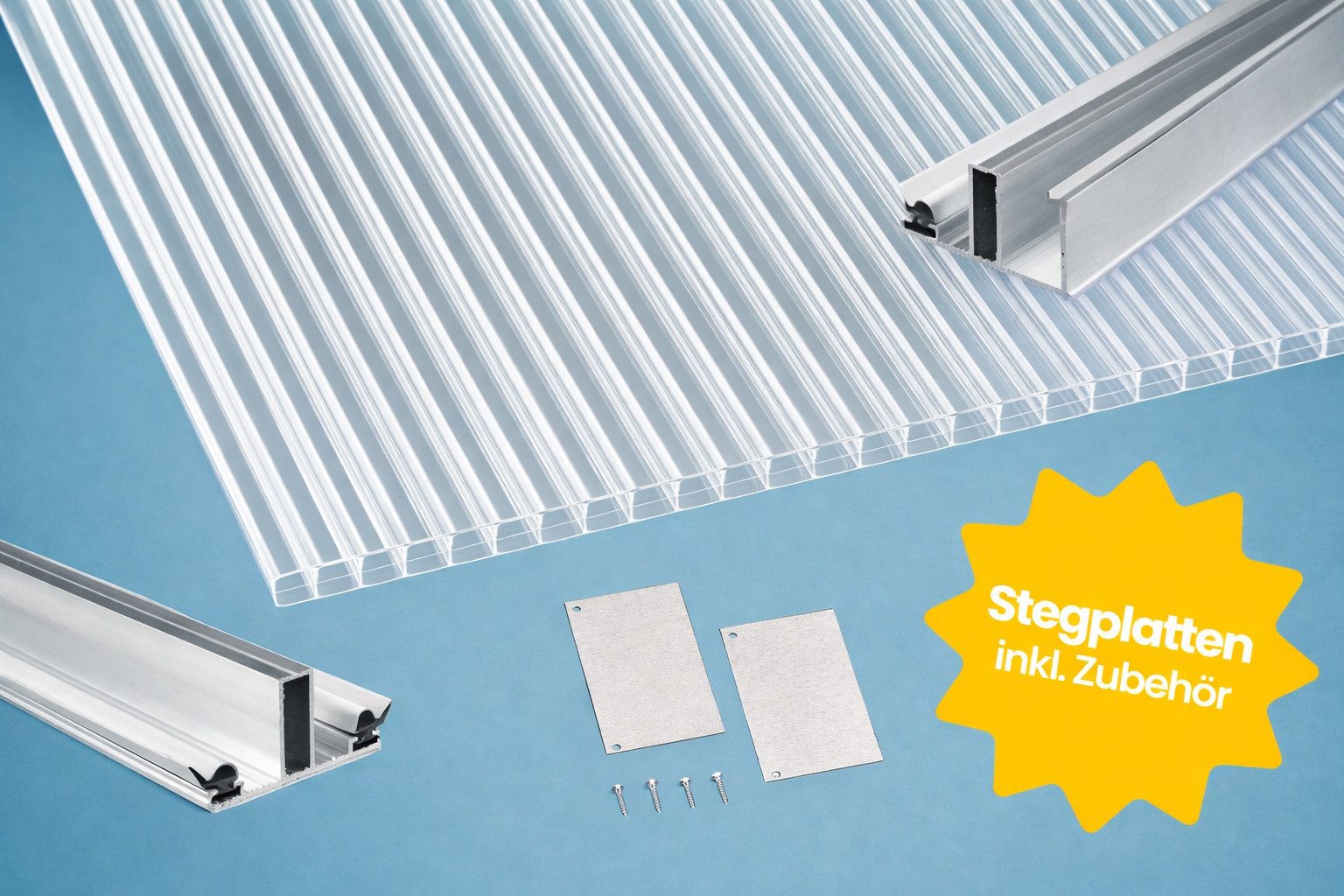 Terrasse2000 Doppelstegplatte Dacheindeckung Komplettset mit Stegplatten transparent oder milchig