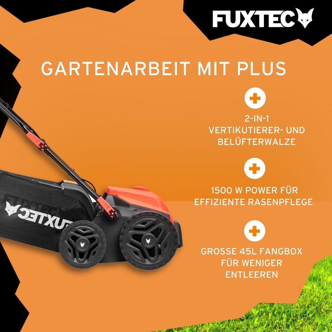 FUXTEC Elektro-Vertikutierer FX-EV360, 36 cm Arbeitsbreite, 1300W Motor, 5-fach Tiefenverstellung (10mm bis -12mm), 45L Fangkorb