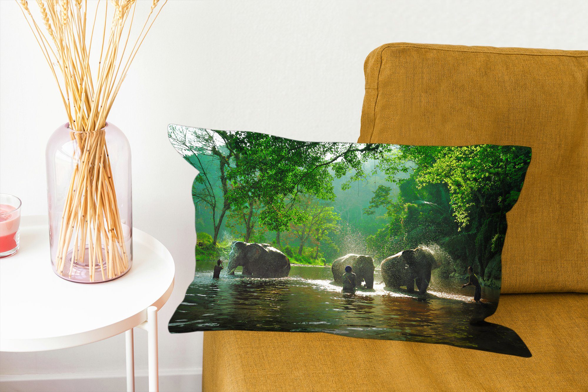 Bäume MuchoWow - Füllung, - Dekokissen mit Tiere, - Dekoration, Wasser Schlafzimmer Grün Wohzimmer Dekokissen - Elefant Zierkissen,