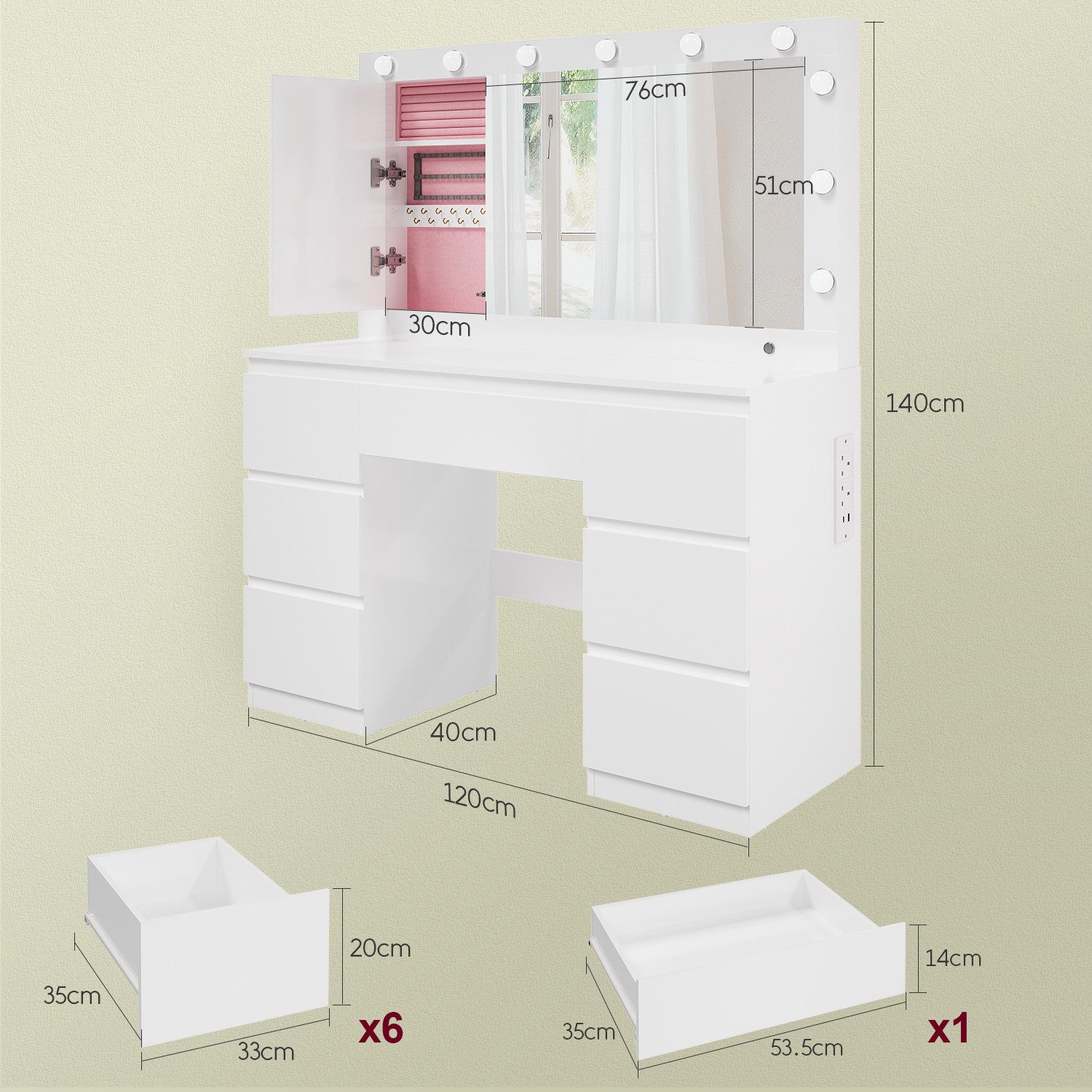 HOMALL Schminktisch mit großem Spiegel, 120 cm, 7 Schubladen, Schmuckschrank (XXL-Spiegel 106×51 cm (30×51 aufklappbar m. Schmuckschrank) · 120 cm · 7 Schubladen · LED-Birne · 2 Steckdosen+USB/Type-C · E1-MDF · 2 Farben · Hocker opt)
