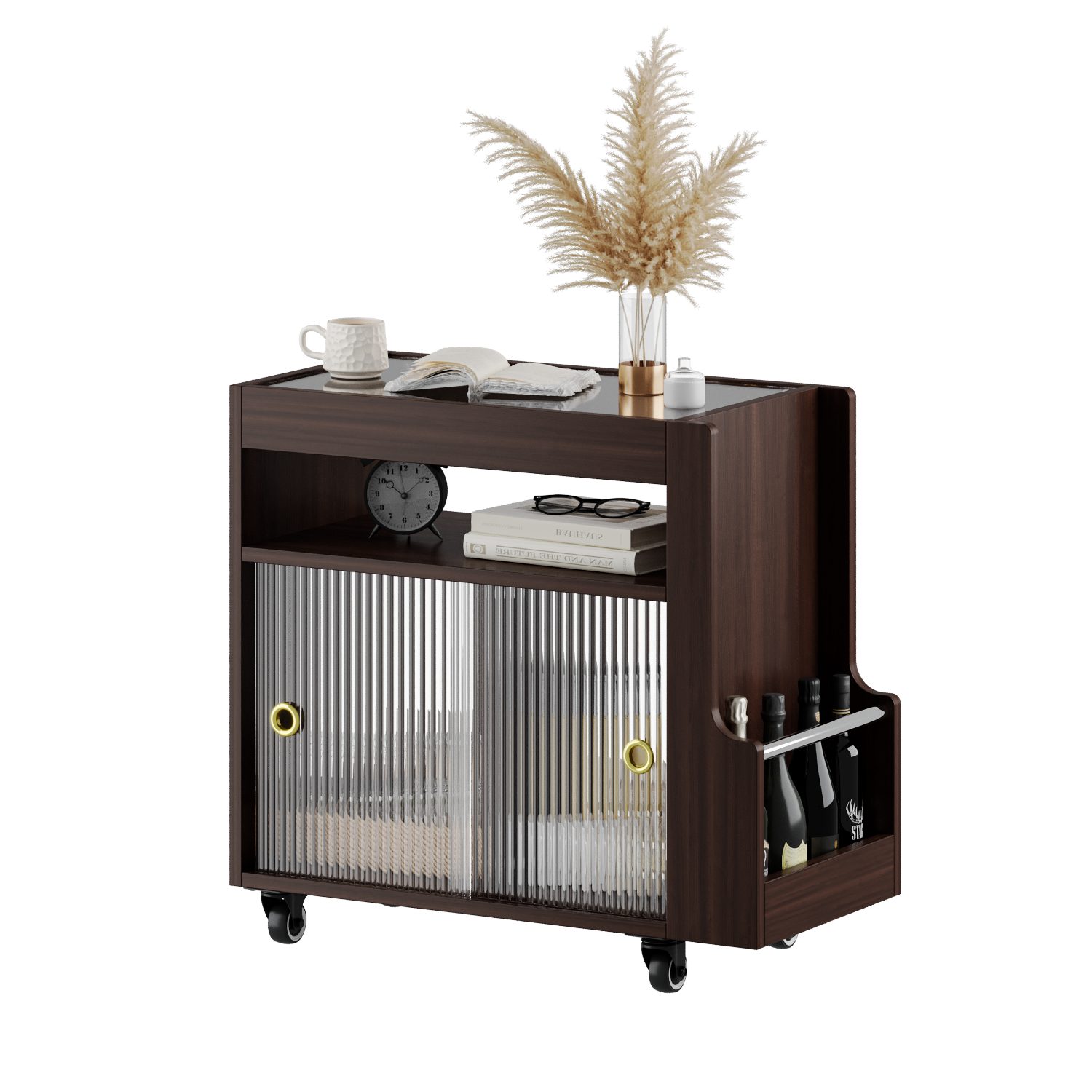 FUFU&GAGA Beistelltisch Rollbarer Beistellwagen mit Glasplatte, dunkelbraun günstig online kaufen