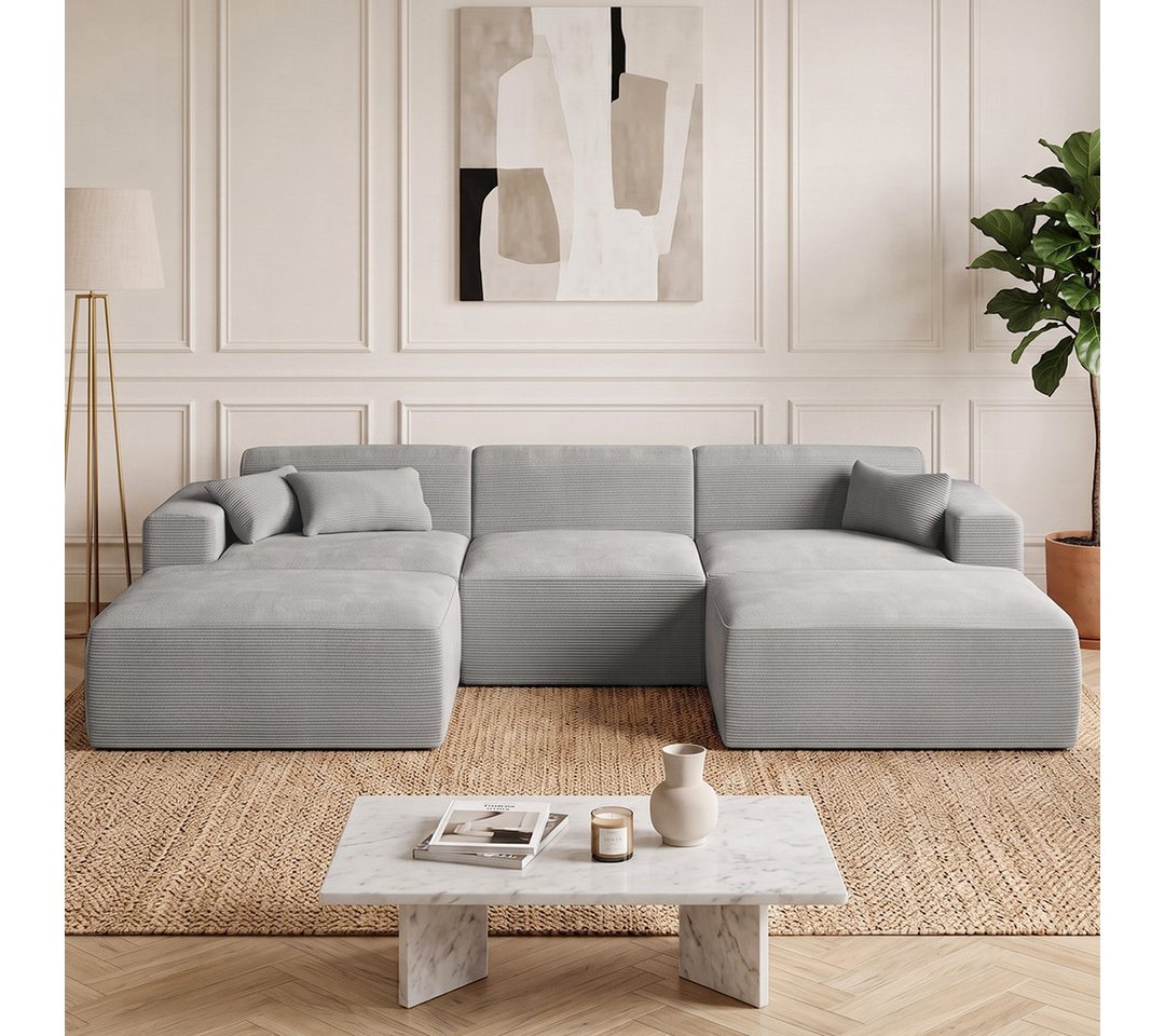 skølm Sofa Freki aus Cord, Vollschaumcouch mit Federkern und Vakuum-Kompression, Grau, Couch 3 Sitzer mit 2 Hocker und 3 Kissen, kein Aufbau erforderlich, 319 cm breit, gepolstert, vakuumiert
