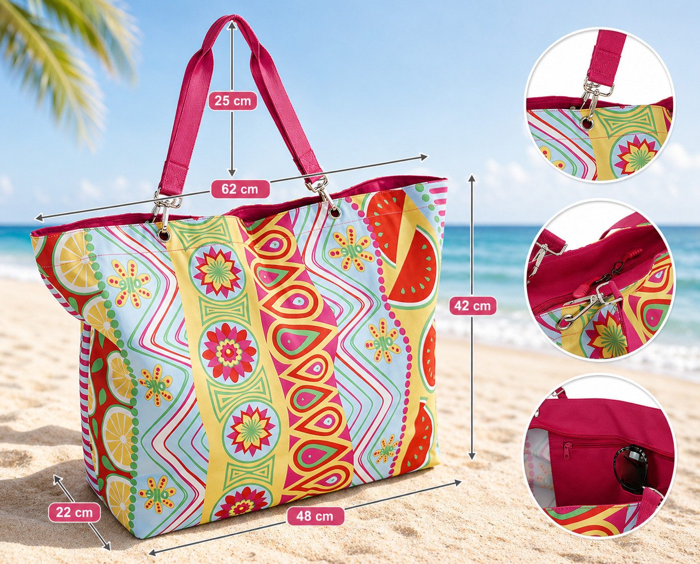 J JONES JENNIFER JONES Strandtasche - Große Badetasche, Freizeittasche mit Reißverschluss, Saunatasche, abnehmbare Schulterriemen
