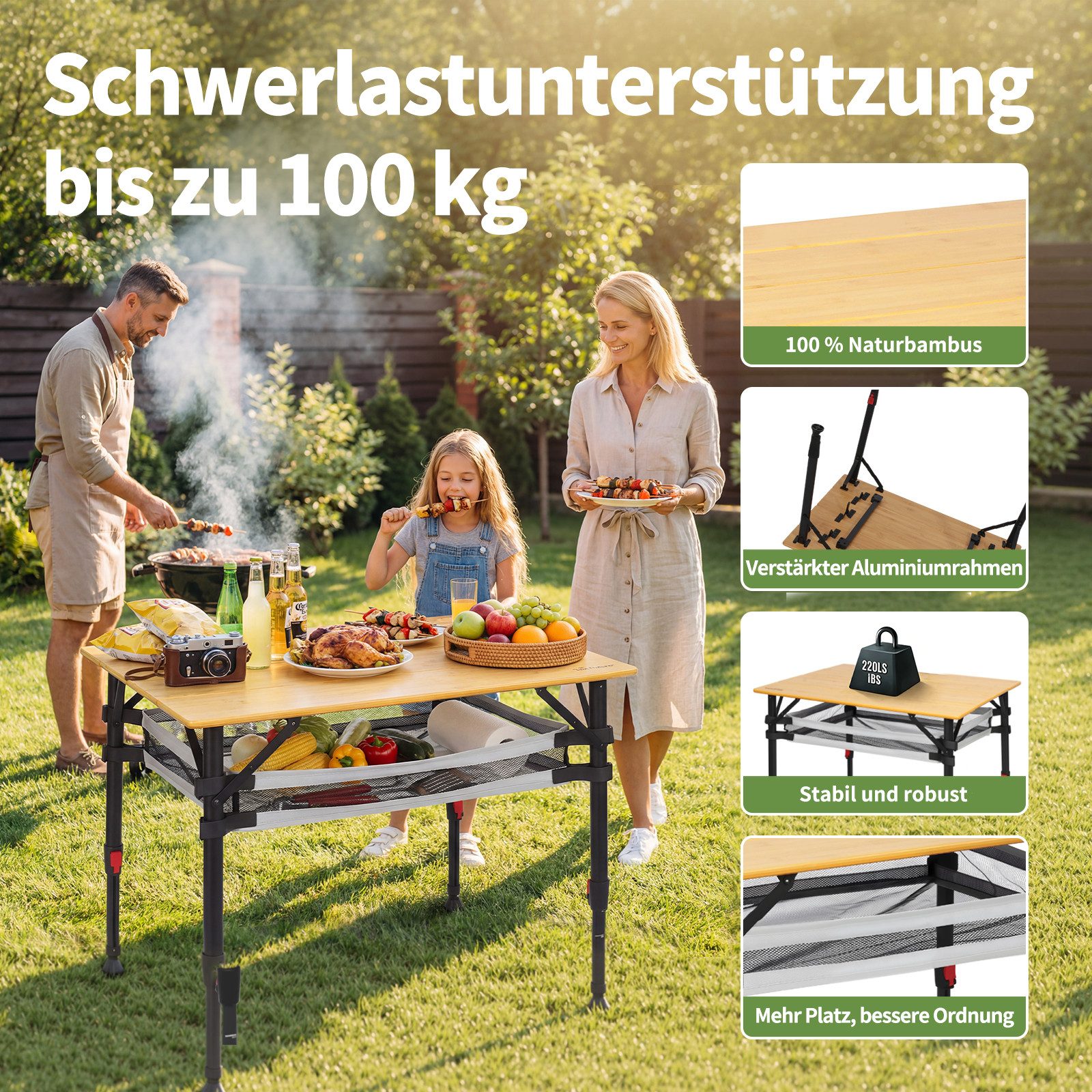 HOMECALL Klapptisch Bambus Camping-Klapptisch höhenverstellbar 47–65 cm (natürliche Bambus-Tischplatte, Aluminiumrahmen, abnehmbares Netzfach, tragbarer Outdoor – Bild 4 von 5
