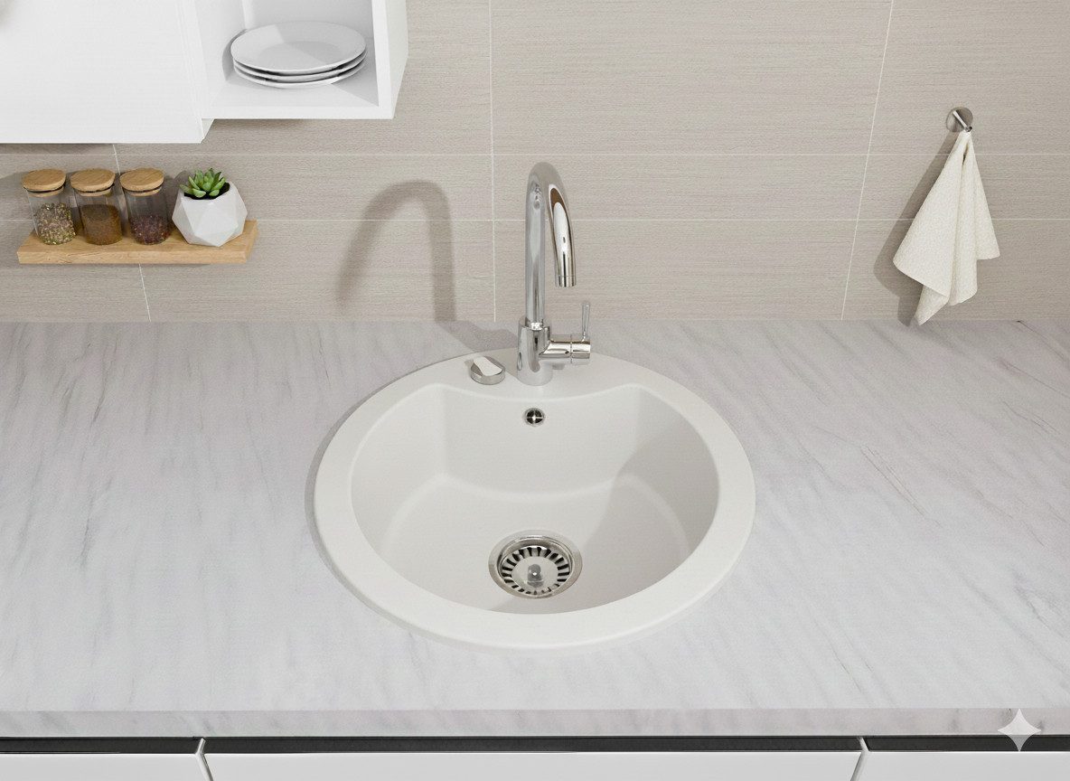 Faizee Möbel Granitspüle Granitspüle Einbauspüle rund Spülbecken+Drehexcenter+Siphon 49cm, Rund