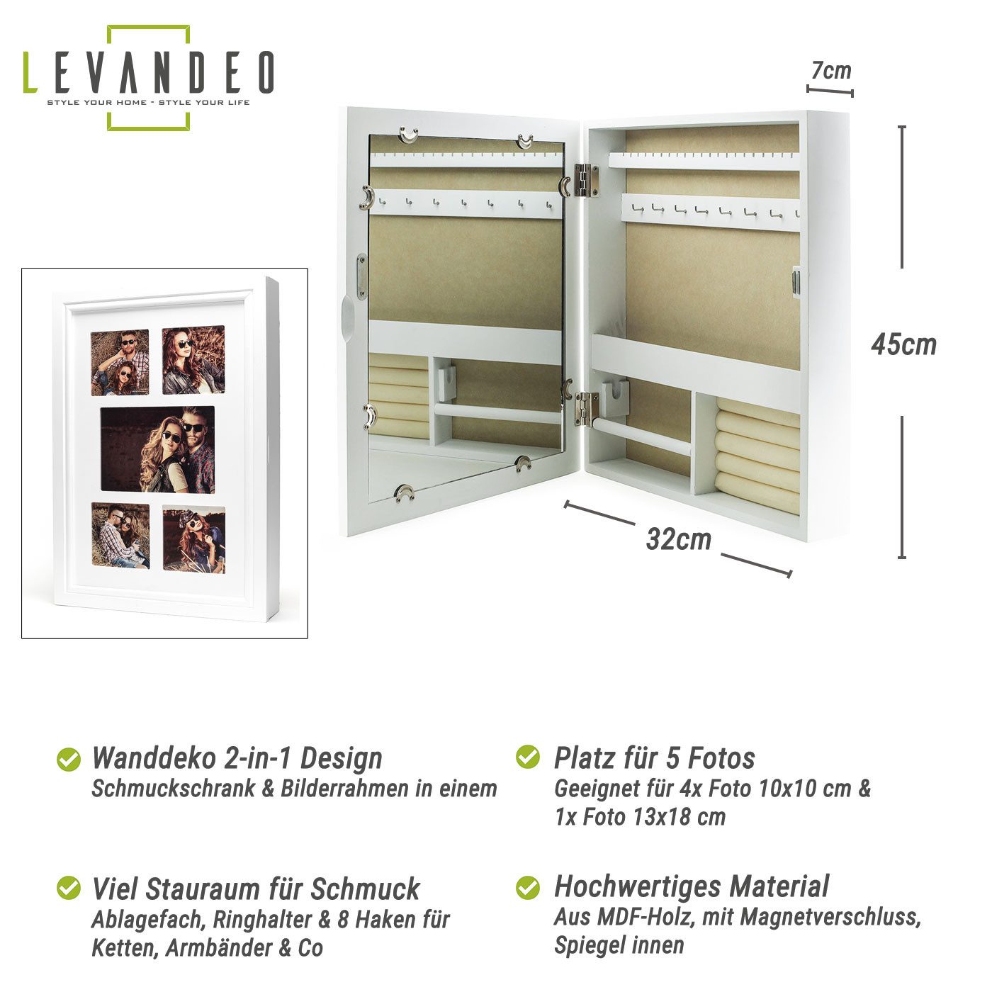 Levandeo® Schmuckkasten, Schmuckschrank Weiß Bilderrahmen 5 Fotos Spiegel M günstig online kaufen