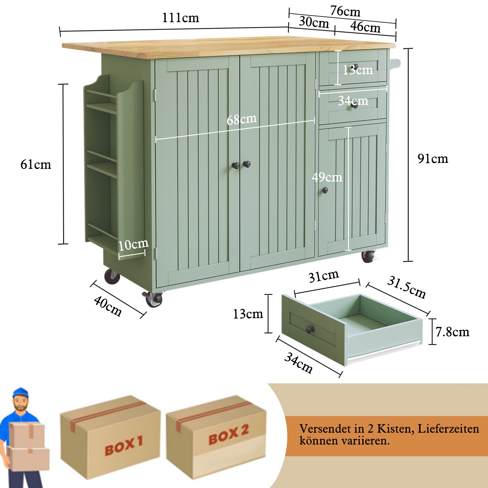 HOLTICO Küchenwagen mit Klappbarer Arbeitsplatte-Kücheninsel auf Rollen, Küchenschrank, (1 St), Bewegliche Kücheninsel auf Rollen, Anrichte für Esszimmer und Küche