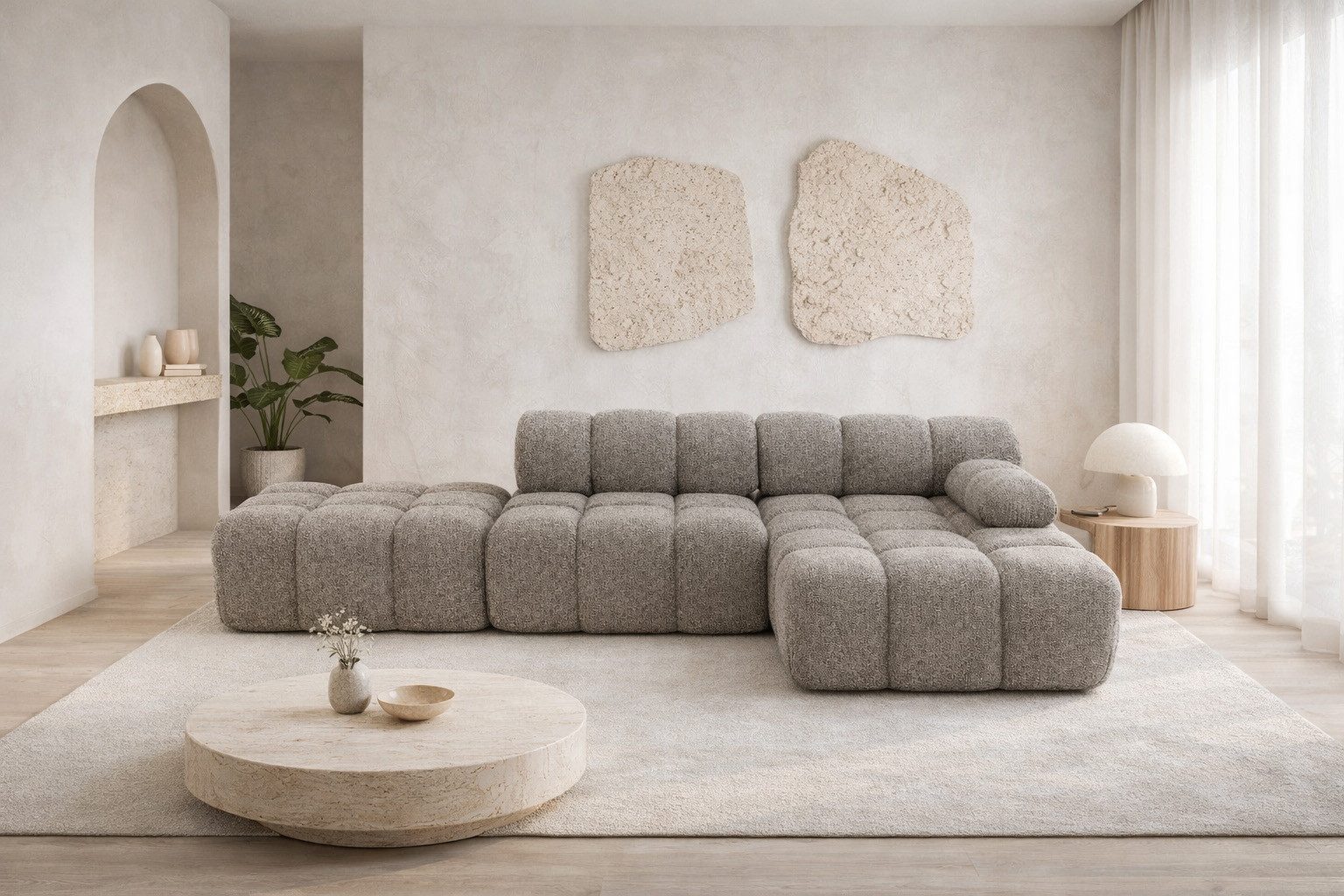 Kaiser Möbel Ecksofa modular mit Hocker, Sofa L-Form, Bouclé-Stoff Abriamo, Selia, Ecksofa mit Hocker, Modernes Design,Weiche, abgerundete Form,Hoher Sitzkomfort