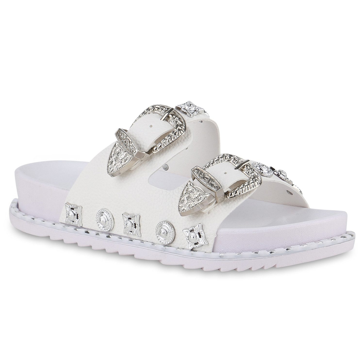 VAN HILL 841049 Pantolette Damen Pantoletten Sandalen Zierperlen Schnallen Nieten