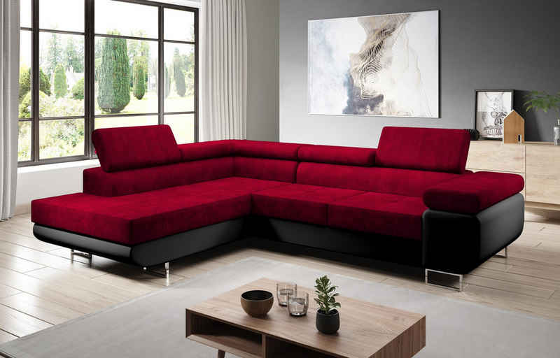 Furnix Ecksofa Zante Eckcouch L-Form Sofa mit Schlaffunktion Eco-Leder-Kuschelstoff, Maße BxHxT: 275x90x202 cm, Bettkasten, verstellbare Kopfstützen